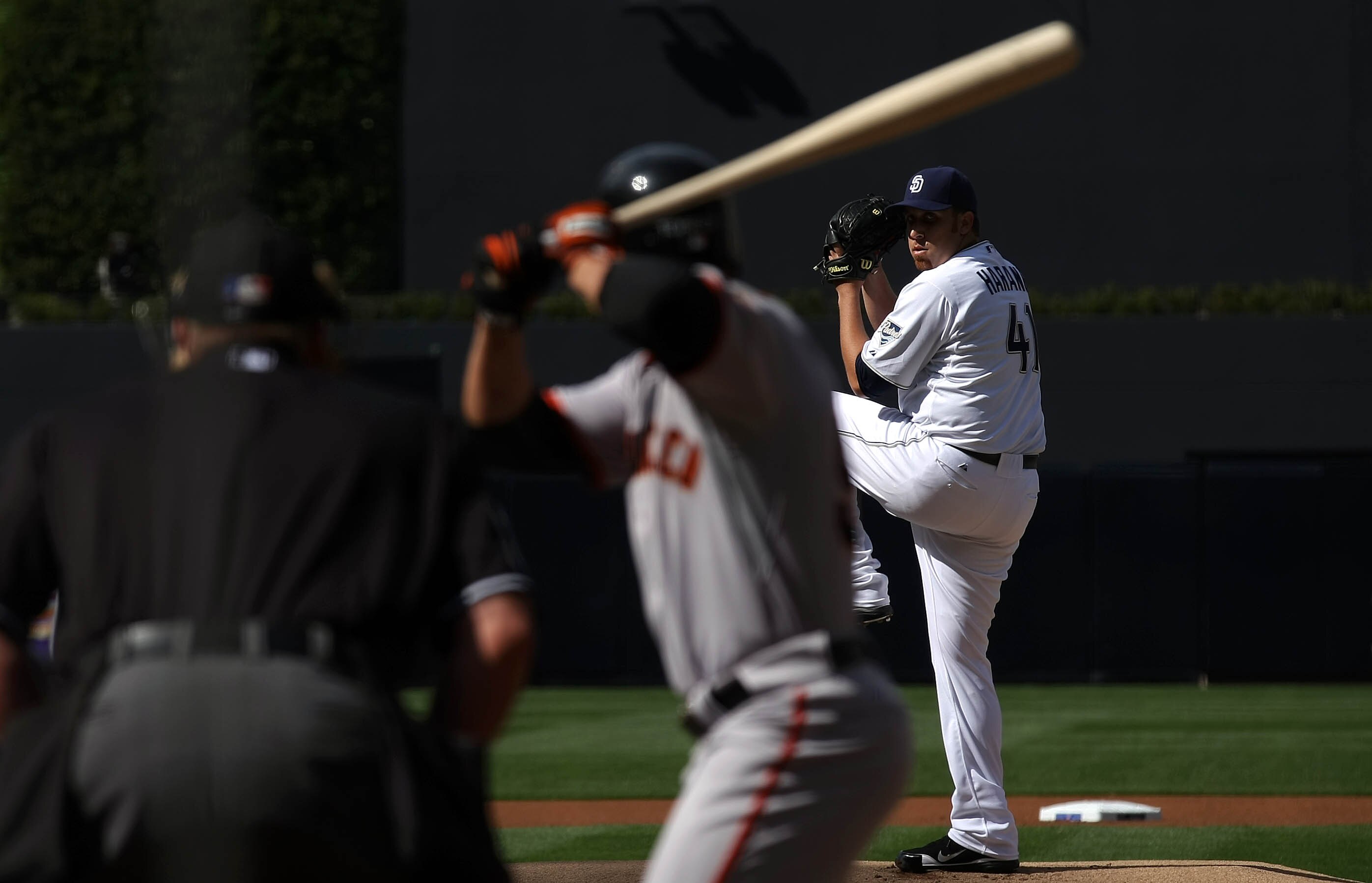 SAN DIEGO, CA - APRIL 5:  Starting Pitcher Aaron Harang #41 of the San Diego Padres throws the first pitch of the game from the mound against the San Francisco Giants during their MLB Game at Petco Park on April 5, 2011 in San Diego, California. (Photo by