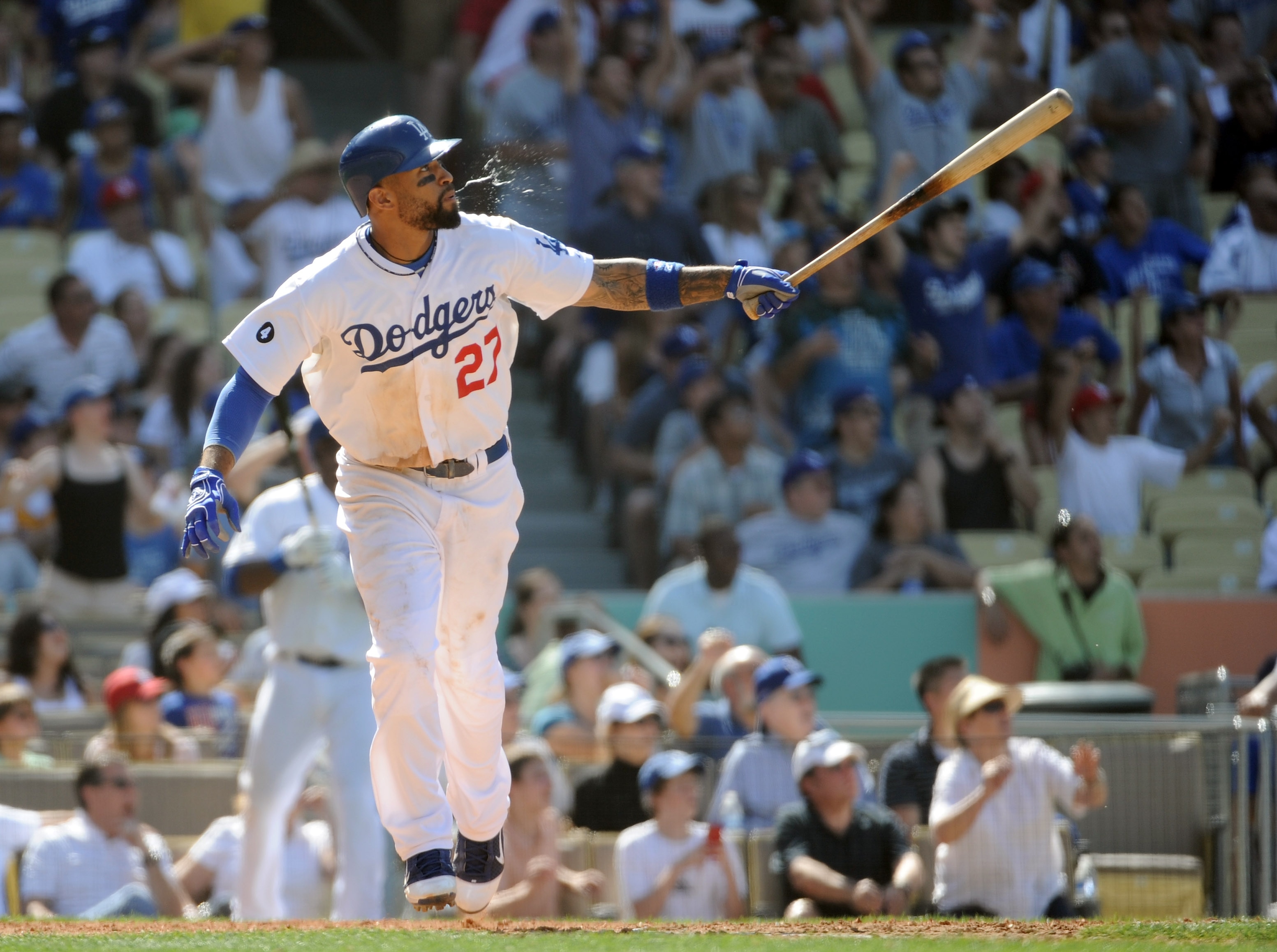 LOS ANGELES, CA - APRIL 17:  Matt Kemp #27 of the Los Angeles Dodgers watches his two run homerun for a 2-1 win against the St Louis Cardinals during the ninth inning at Dodger Stadium on April 17, 2011 in Los Angeles, California.  (Photo by Harry How/Get