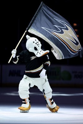 ANAHEIM, CA - MARCH 29:  Anaheim Ducks mascot Wild Wing skates following the game against the Dallas Stars at the Honda Center on March 29, 2010 in Anaheim, California.  (Photo by Jeff Gross/Getty Images)
