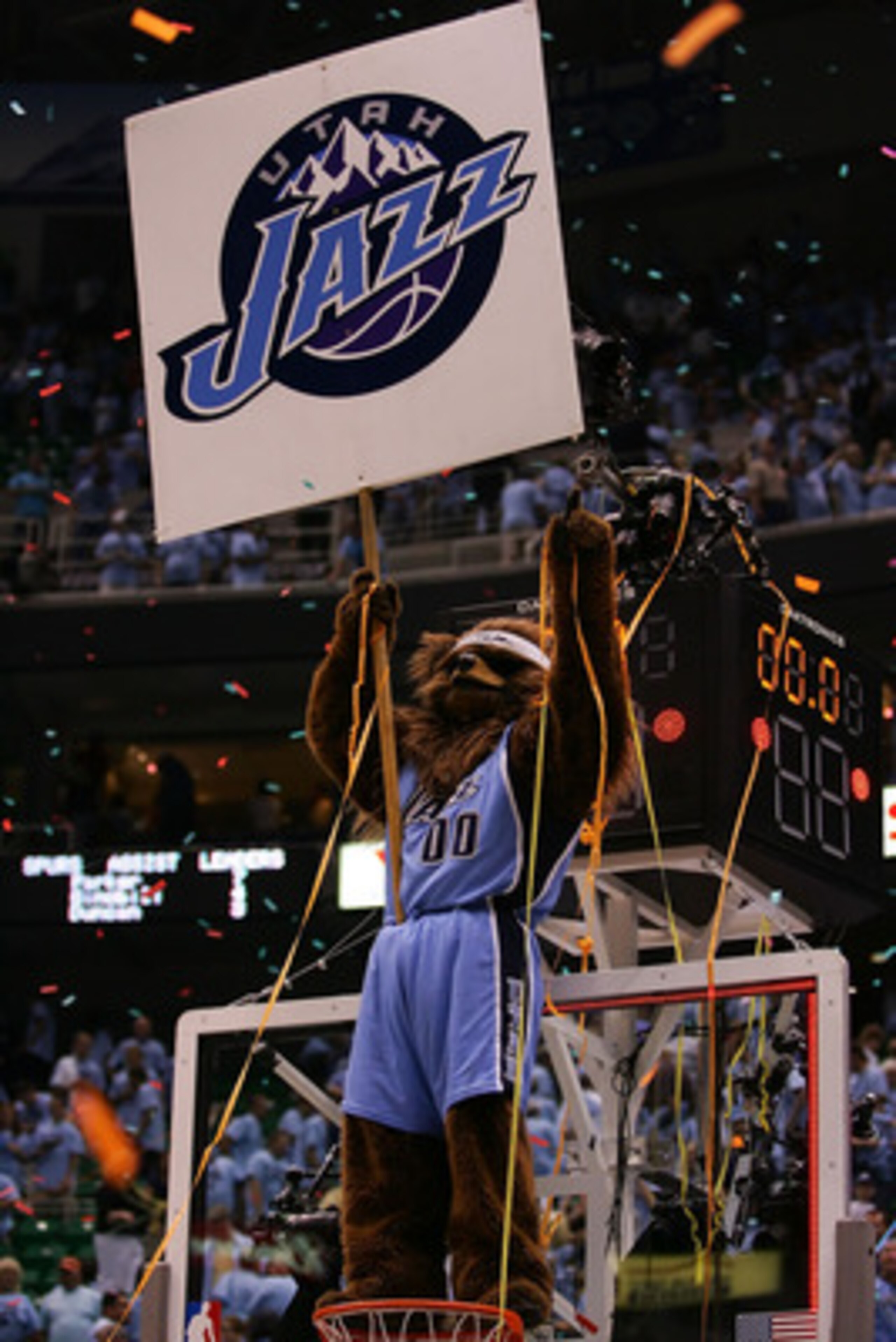 SALT LAKE CITY - MAY 26:  The Utah Jazz mascot celebrates the Jazz victory against the San Antonio Spurs in Game Three of the Western Conference Finals during the 2007 NBA Playoffs at the EnergySolutions Arena on May 26, 2007 in Salt Lake City, Utah. NOTE