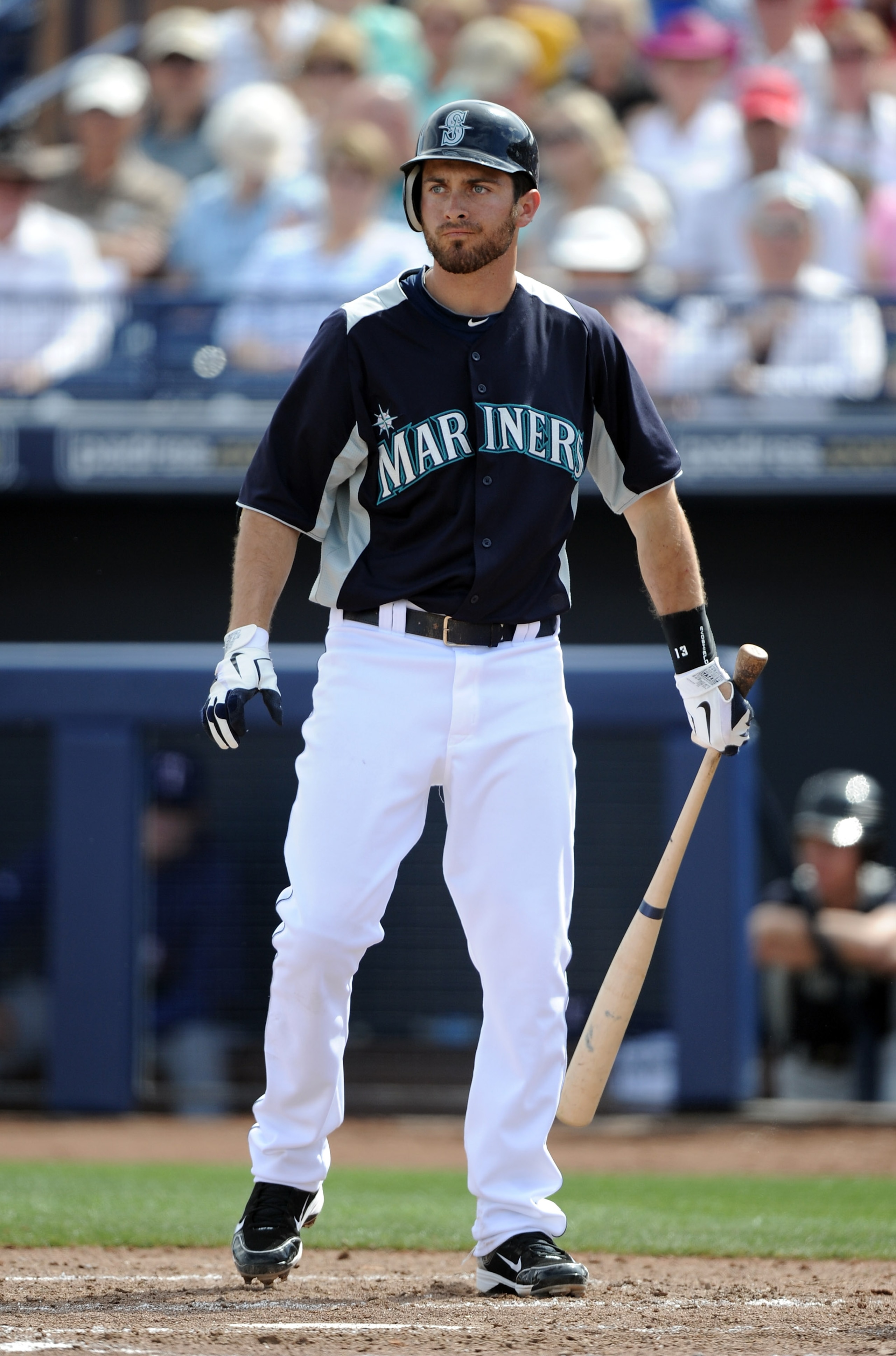 PEORIA, AZ - MARCH 01:  Dustin Ackley #13 of the  Seattle Mariners at bat against the Texas Rangers during spring training at Peoria Stadium on March 1, 2011 in Peoria, Arizona.  (Photo by Harry How/Getty Images)