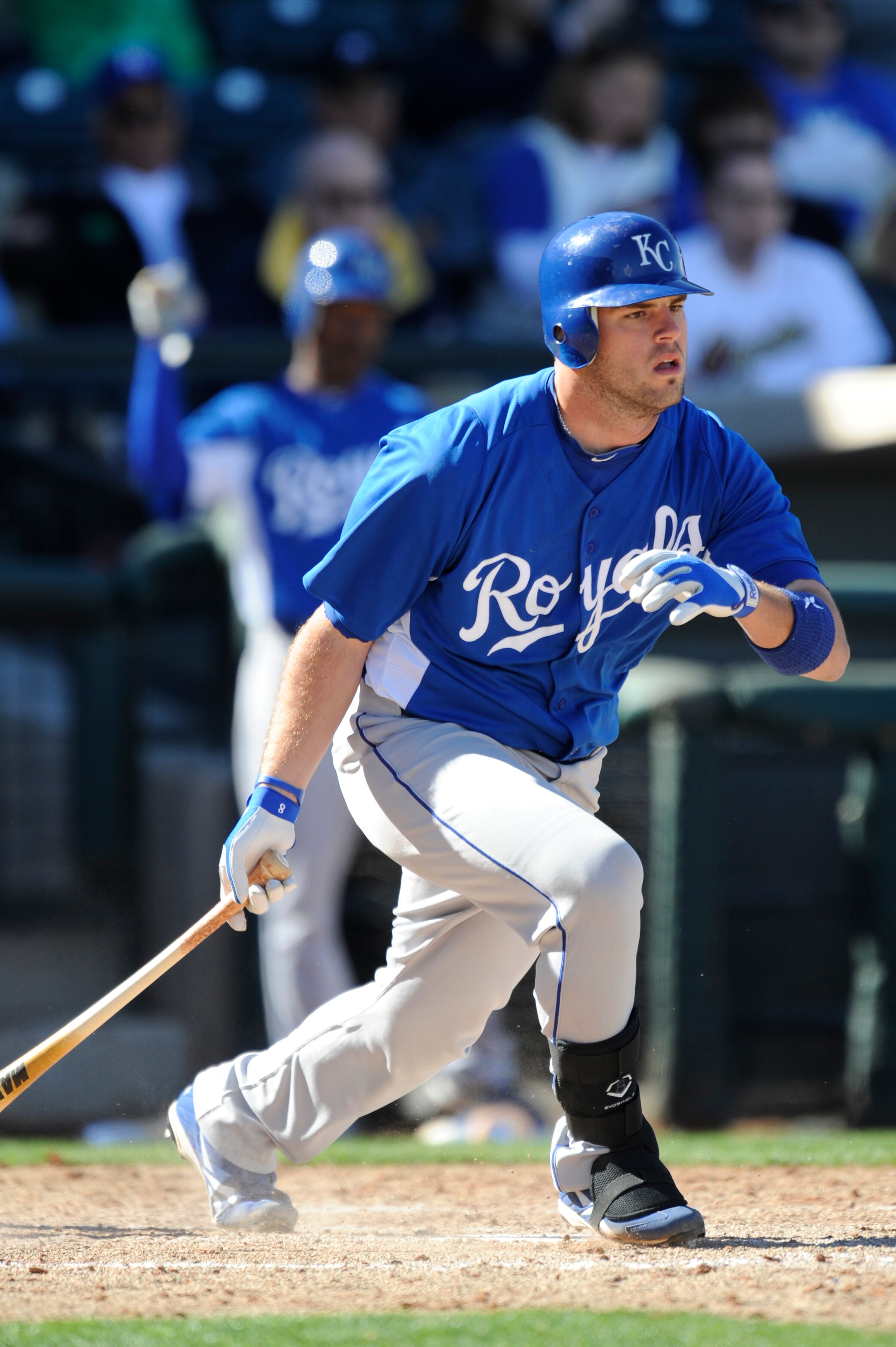 SURPISE, AZ - FEBRUARY 27: Mike Moustakas #8 of the Kansas City Royals bats during a spring training game against the Texas Rangers at Surprise Stadium on February 27, 2011 in Surprise, Arizona. (Photo by Rob Tringali/Getty Images)