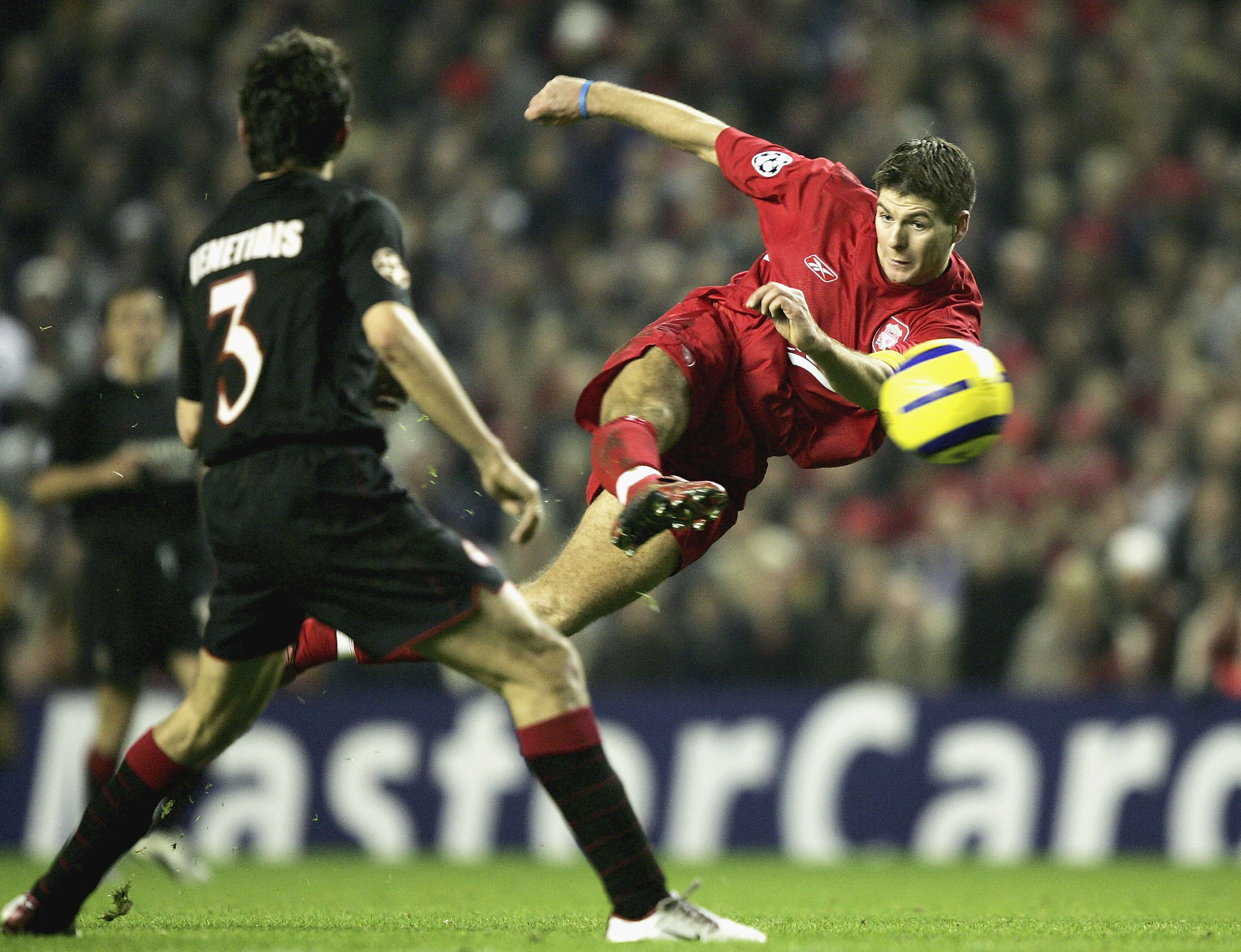 LIVERPOOL, ENGLAND -DECEMBER 8: Steven Gerrard of Liverpool shoots, only to see his goal dissalowed during the Champions League Group A match between Liverpool and Olympiakos at Anfield on December 8, 2004 in Liverpool, England.  (Photo by Clive Brunskill