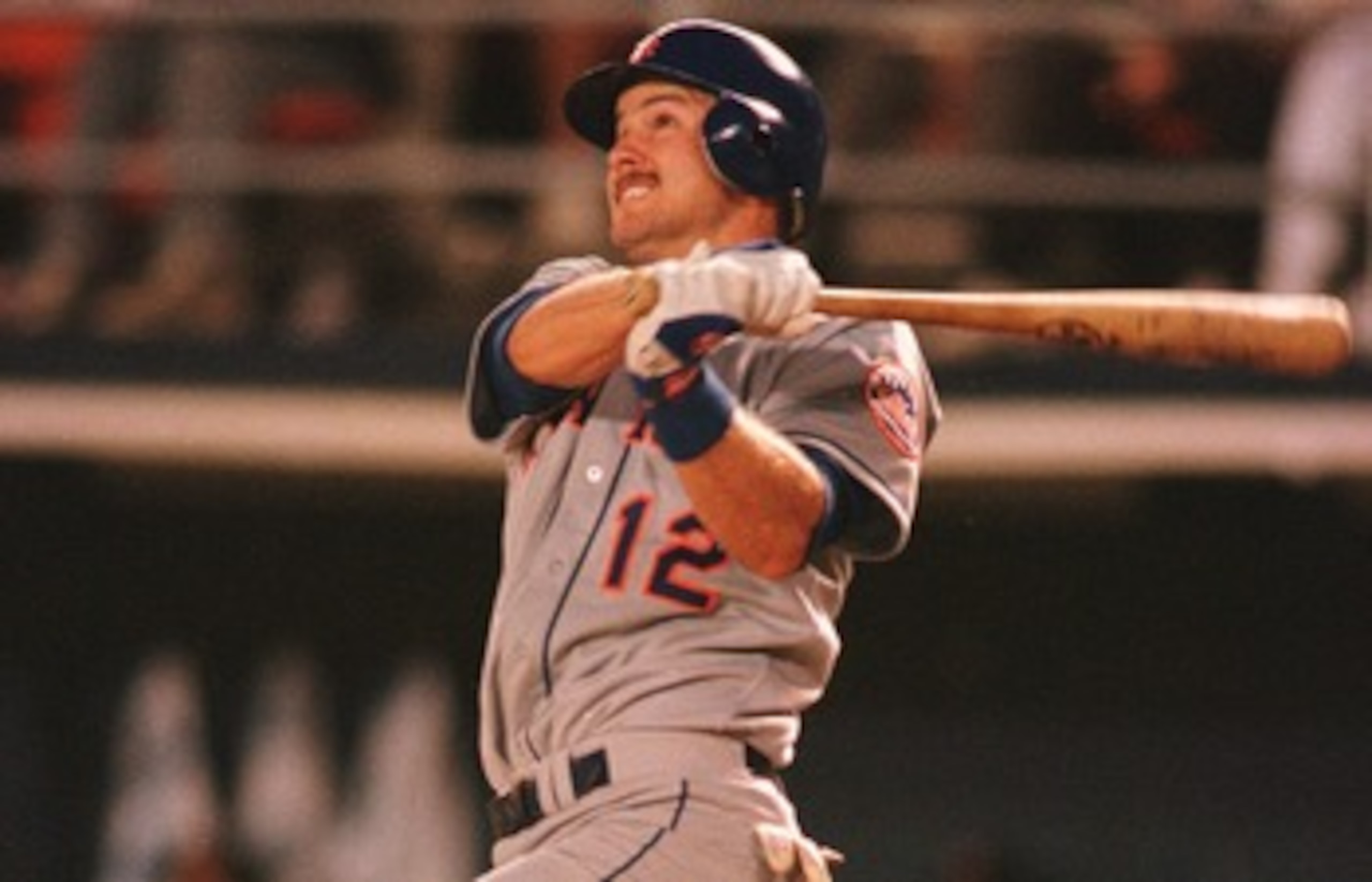 14 May 1996:  New York Mets Jeff Kent watches his homerun clear the outfield fence during the Mets 9-4 loss to the San Diego Padres at Jack Murphy Stadium, in San Diego, California. Mandatory Credit: Jed Jacobsohn/ALLSPORT