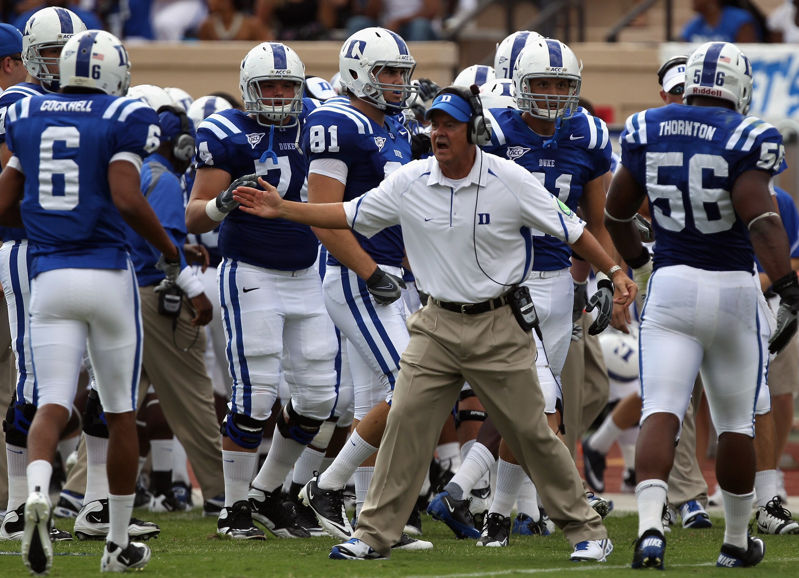 DURHAM, NC - SEPTEMBER 25: Head coach David Cutcliffe of the Duke Blue Devils cheers on his team the Army Black Knights at Wallace Wade Stadium on September 25, 2010 in Durham, North Carolina. (Photo by Streeter Lecka/Getty Images) DURHAM, NC - SEPTEMBER 25: Head coach David Cutcliffe of the Duke Blue Devils cheers on his team the Army Black Knights at Wallace Wade Stadium on September 25, 2010 in Durham, North Carolina. (Photo by Streeter Lecka/Getty Images)