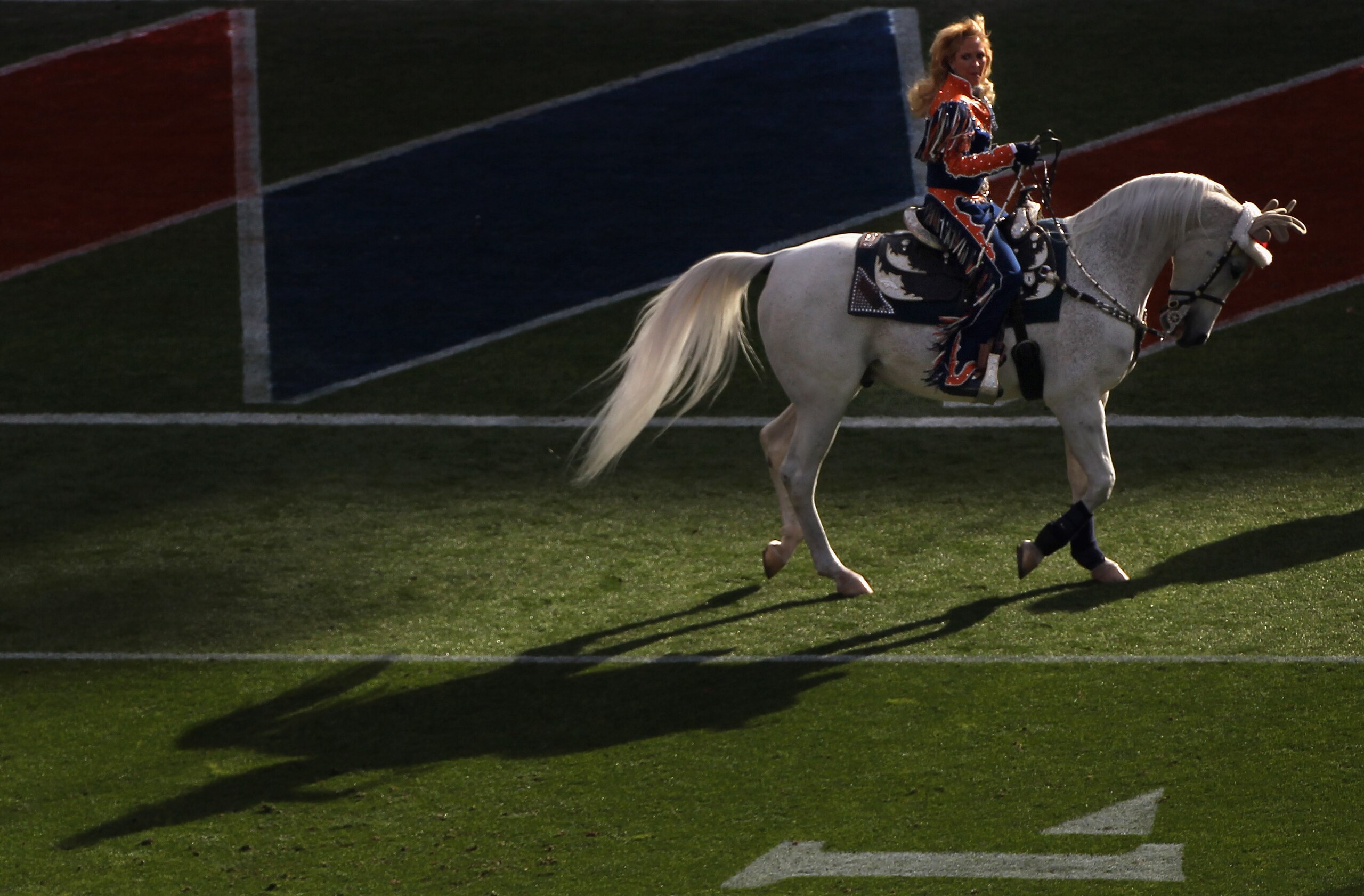 DENVER - DECEMBER 26:  Ann Judge-Wegener rides Thunder on the field prior to the game as the Denver Broncos host the Houston Texas at INVESCO Field at Mile High on December 26, 2010 in Denver, Colorado. The Broncos defeated the Texans 24-23.  (Photo by Do