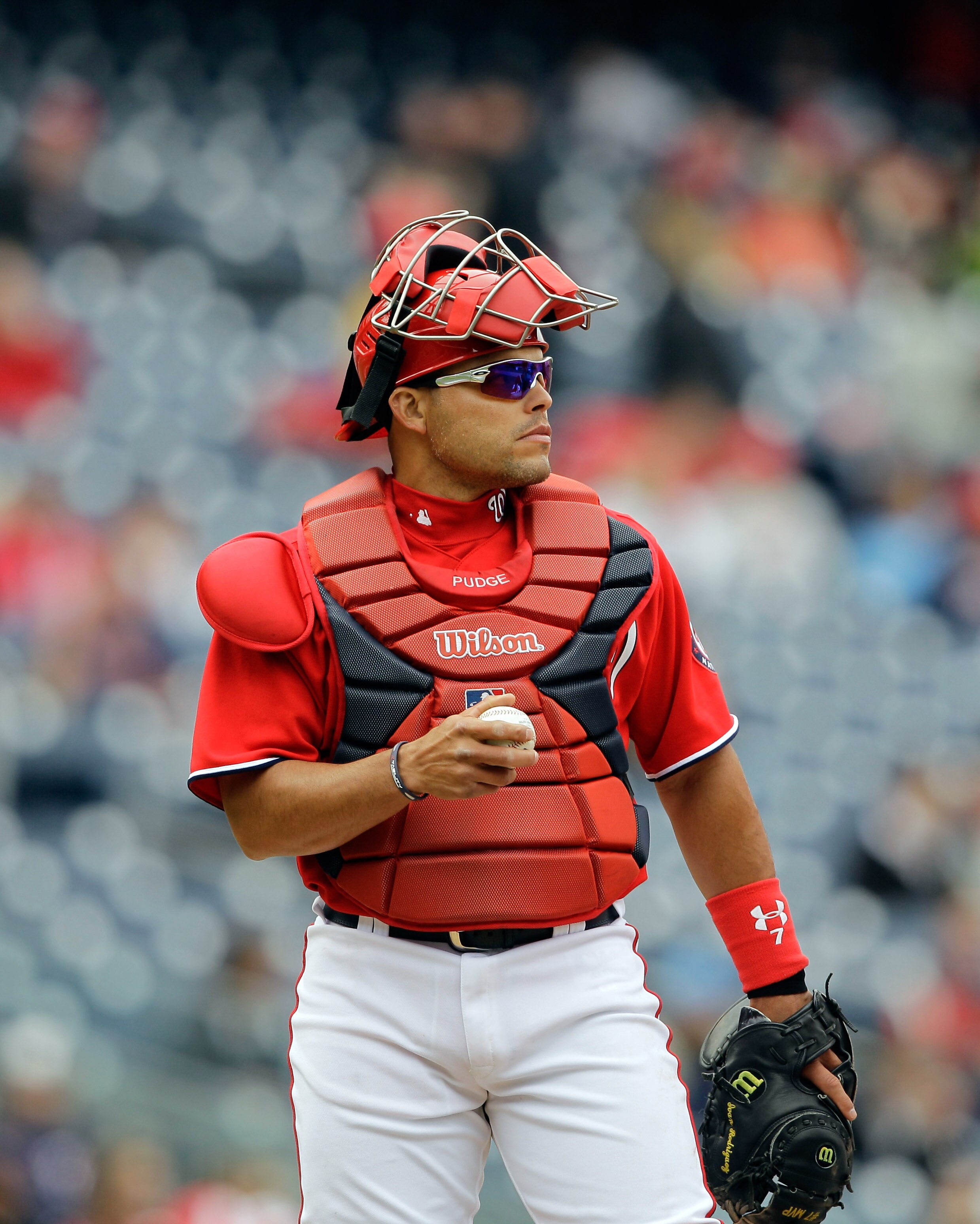 WASHINGTON, DC - APRIL 03:  Catcher Ivan Rodriguez #7 of the Washington Nationals against the Atlanta Braves at Nationals Park on April 3, 2011 in Washington, DC.  (Photo by Rob Carr/Getty Images)