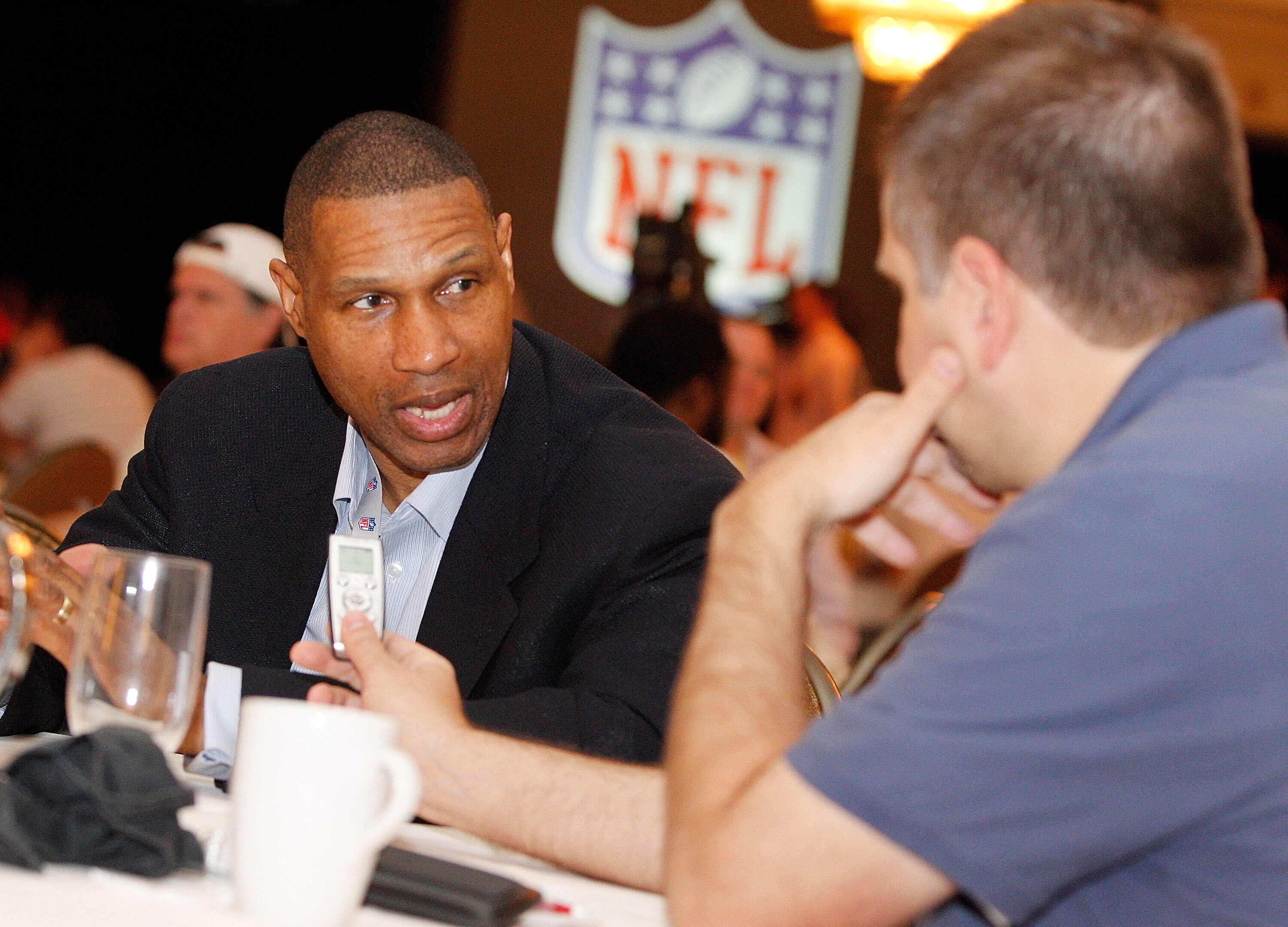 NEW ORLEANS, LA - MARCH 22:  Minnisota Vikings head coach Leslie Frazier answers questions from the media during the NFL Annual Meetings at the Roosevelt Hotel on March 22, 2011 in New Orleans, Louisiana. Despite a NFL owners imposed lockout in effect sin