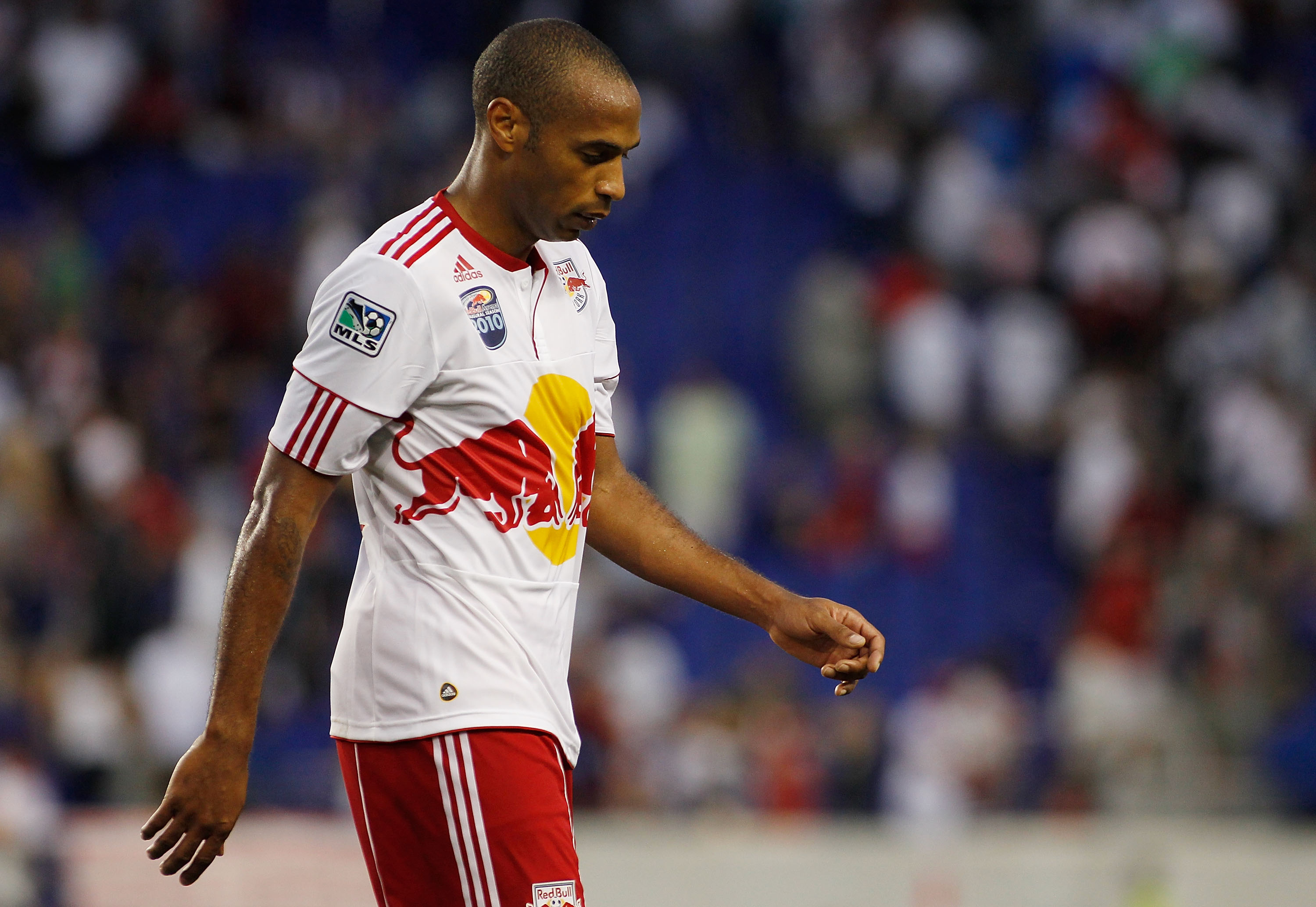 HARRISON, NJ - AUGUST 14:  Thierry Henry #14 of the New York Red Bulls walks off the field after losing to the Los Angeles Galaxy 1-0 on August 14, 2010 at Red Bull Arena in Harrison, New Jersey.  (Photo by Mike Stobe/Getty Images for New York Red Bulls)