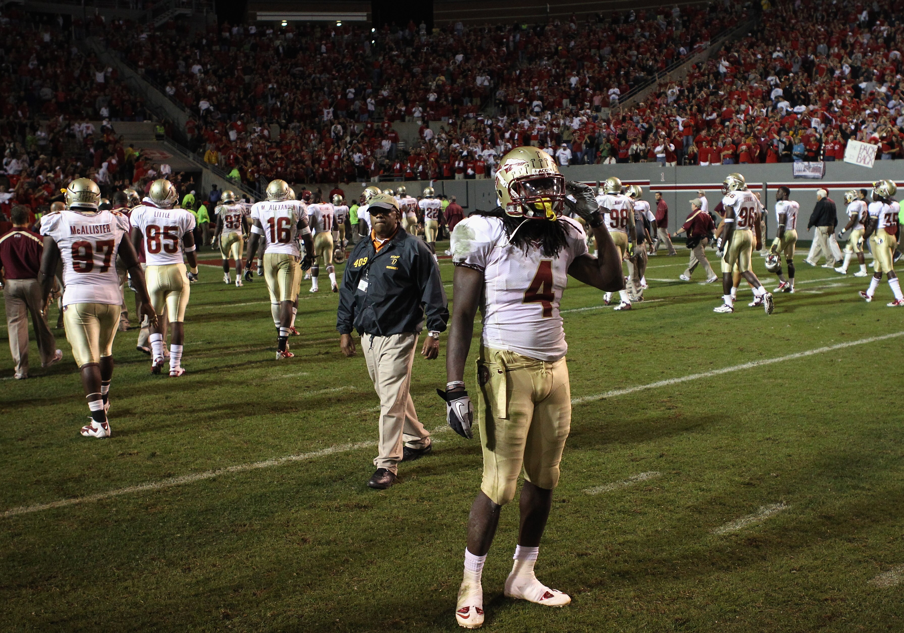 RALEIGH, NC - OCTOBER 28:  Terrance Parks #4 of the Florida State Seminoles watches on after a 28-24 loss to the North Carolina State Wolfpack at Carter-Finley Stadium on October 28, 2010 in Raleigh, North Carolina.  (Photo by Streeter Lecka/Getty Images)