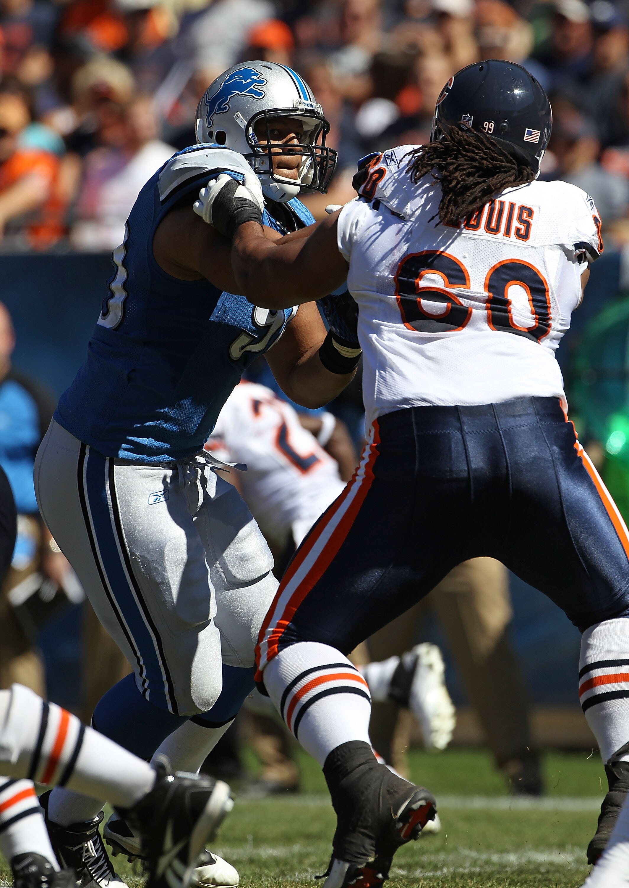 CHICAGO - SEPTEMBER 12: Ndamukong Suh #90 of the Detroit Lions rushes against Lance Louis #60 of the Chicago Bears during the NFL season opening game at Soldier Field on September 12, 2010 in Chicago, Illinois. The Bears defeated the Lions 19-14. (Photo CHICAGO - SEPTEMBER 12: Ndamukong Suh #90 of the Detroit Lions rushes against Lance Louis #60 of the Chicago Bears during the NFL season opening game at Soldier Field on September 12, 2010 in Chicago, Illinois. The Bears defeated the Lions 19-14. (Photo