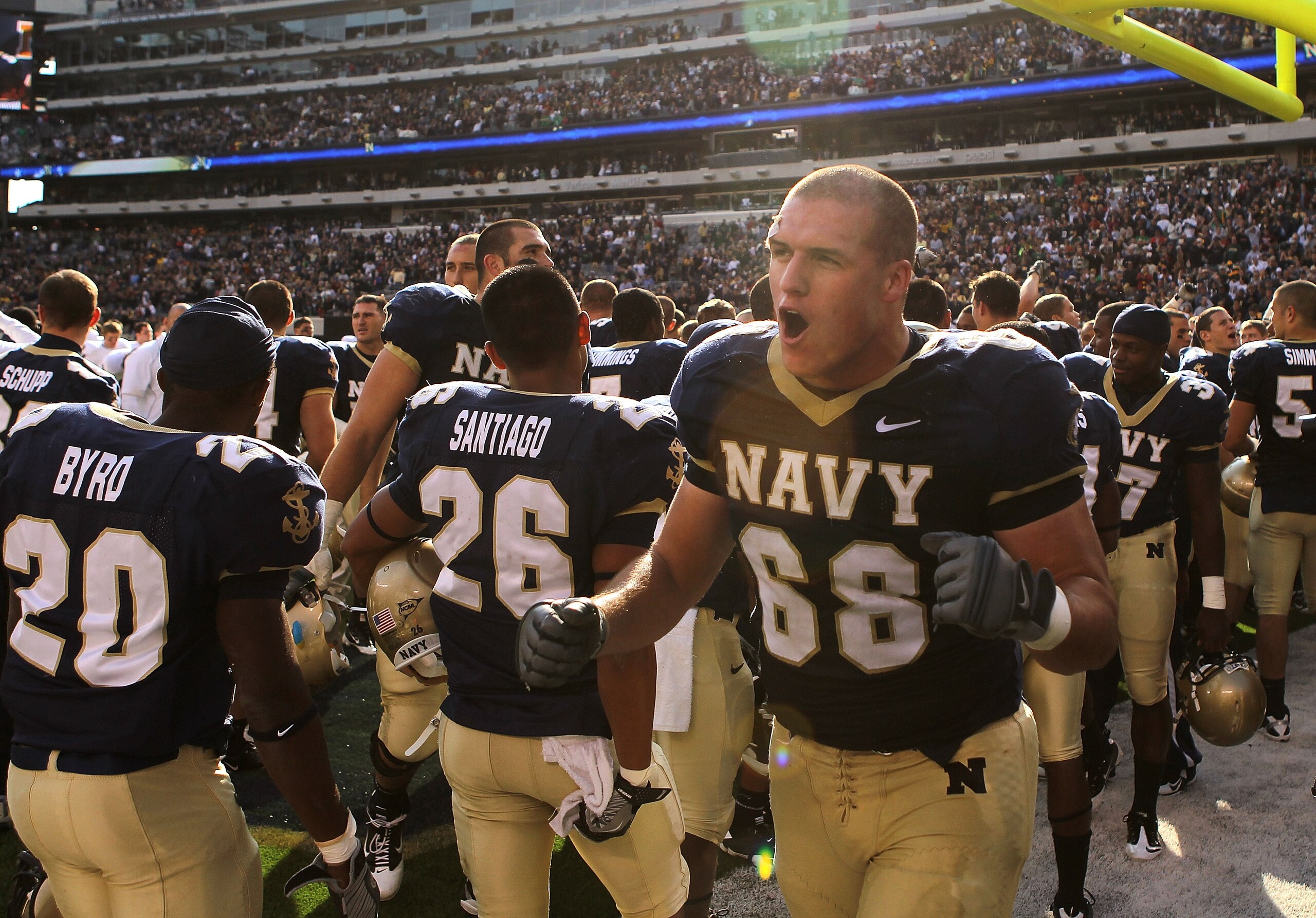 EAST RUTHERFORD, NJ - OCTOBER 23: John Dowd #68 of the Navy Midshipmen celebrates the win after the game against the Notre Dame Fighting Irish at New Meadowlands Stadium on October 23, 2010 in East Rutherford, New Jersey. (Photo by Nick Laham/Getty Image EAST RUTHERFORD, NJ - OCTOBER 23: John Dowd #68 of the Navy Midshipmen celebrates the win after the game against the Notre Dame Fighting Irish at New Meadowlands Stadium on October 23, 2010 in East Rutherford, New Jersey. (Photo by Nick Laham/Getty Image