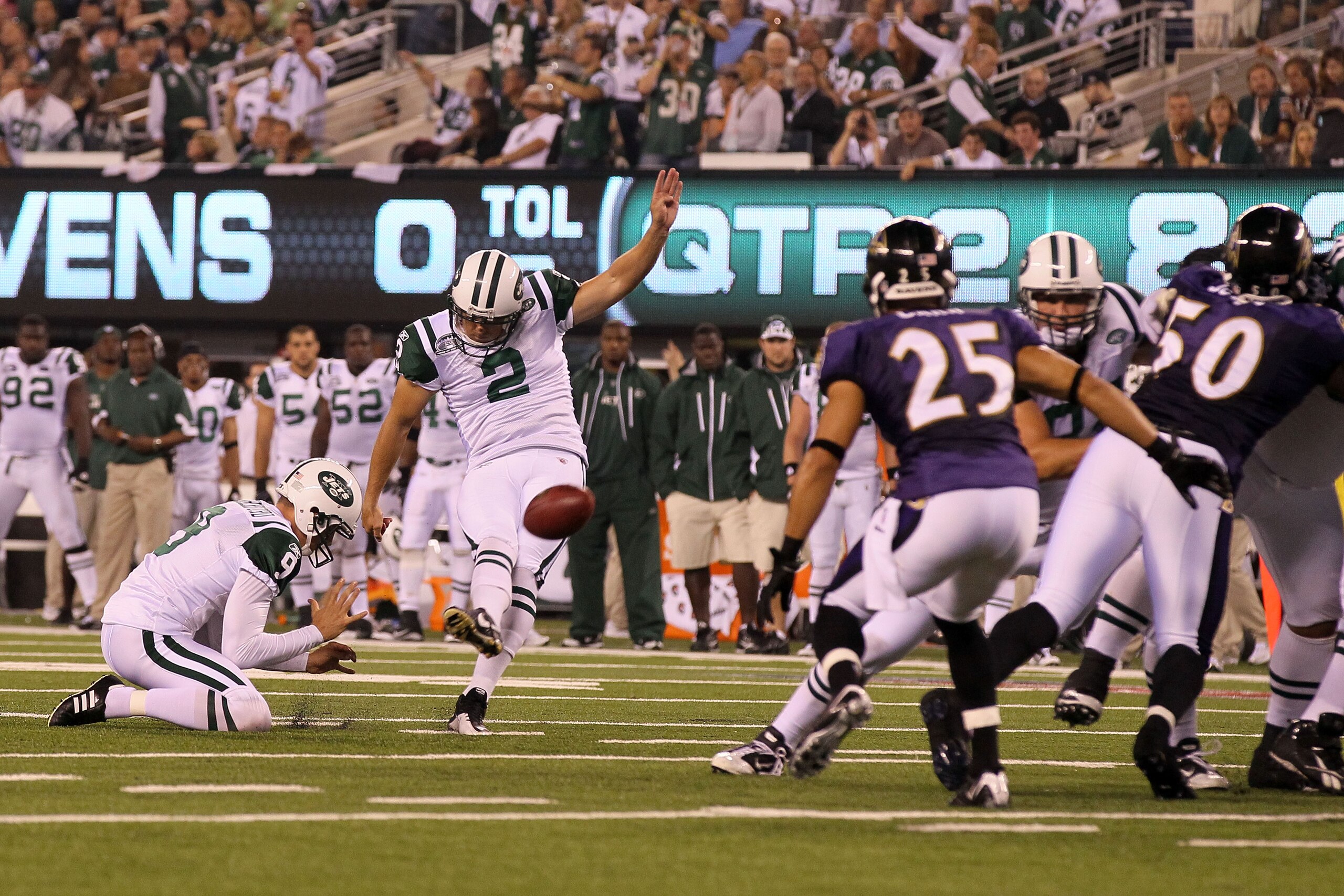 EAST RUTHERFORD, NJ - SEPTEMBER 13:  Nick Folk #2 of the New York Jets kicks a field goal against the Baltimore Ravens during their home opener at the New Meadowlands Stadium on September 13, 2010 in East Rutherford, New Jersey.  (Photo by Jim McIsaac/Get