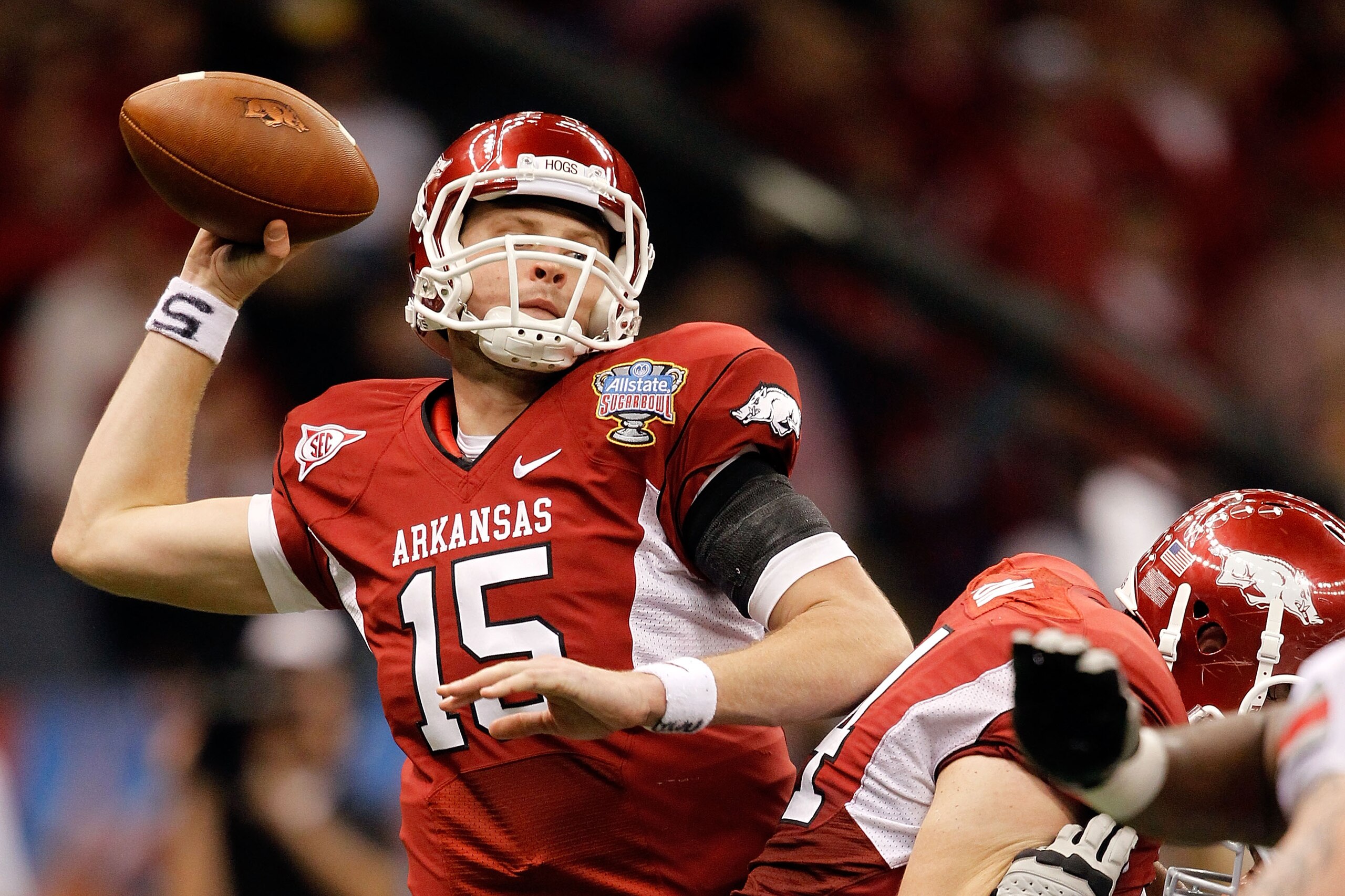 NEW ORLEANS, LA - JANUARY 04:  Quarterback Ryan Mallett #15 of the Arkansas Razorbacks looks to pass against the Ohio State Buckeyes during the Allstate Sugar Bowl at the Louisiana Superdome on January 4, 2011 in New Orleans, Louisiana.  (Photo by Matthew