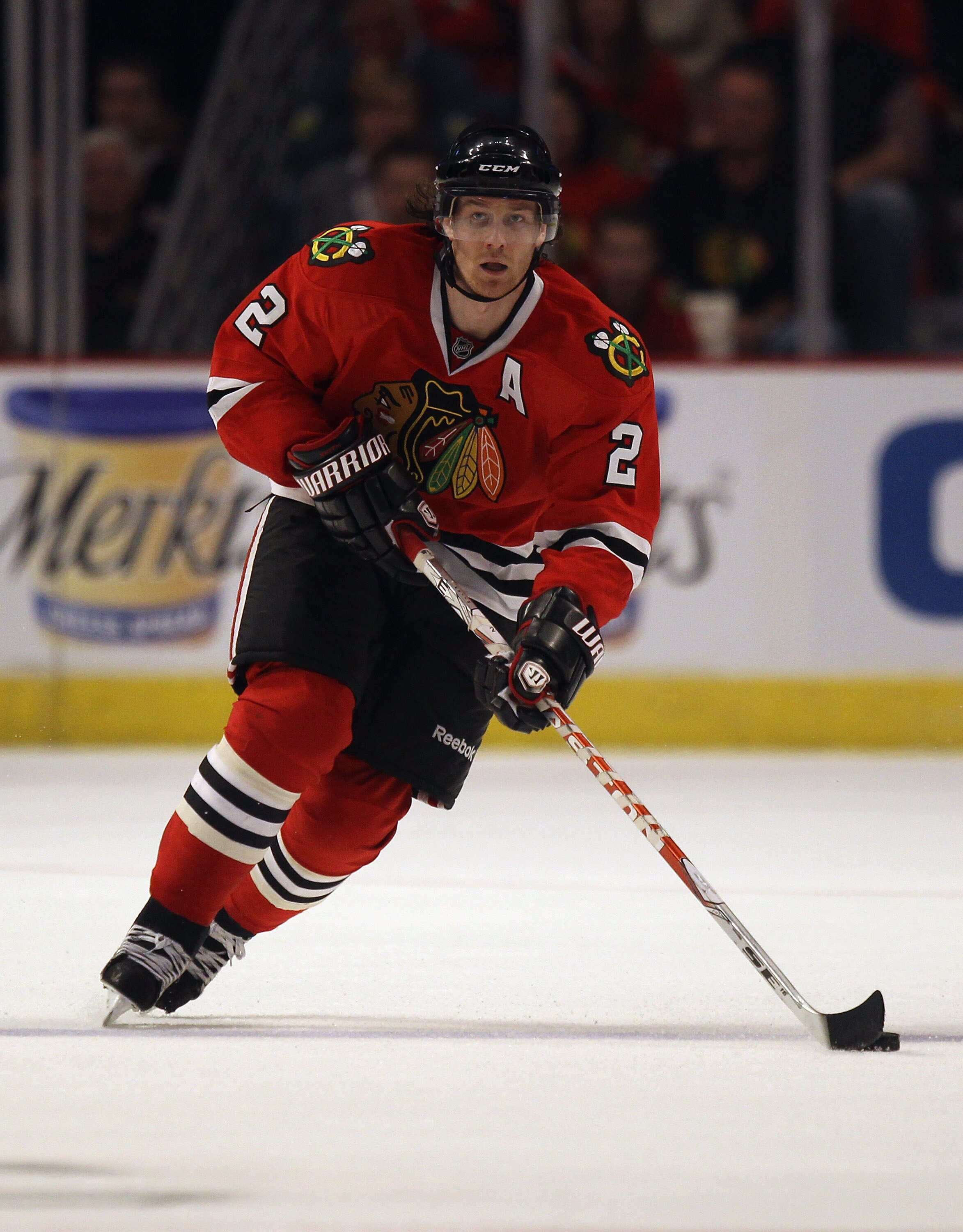 CHICAGO, IL - APRIL 10: Duncan Keith #2 of the Chicago Blackhawks controls the puck against the Detroit Red Wings at the United Center on April 10, 2011 in Chicago, Illinois. The Red Wings defeated the Blackhawks 4-3. (Photo by Jonathan Daniel/Getty Image