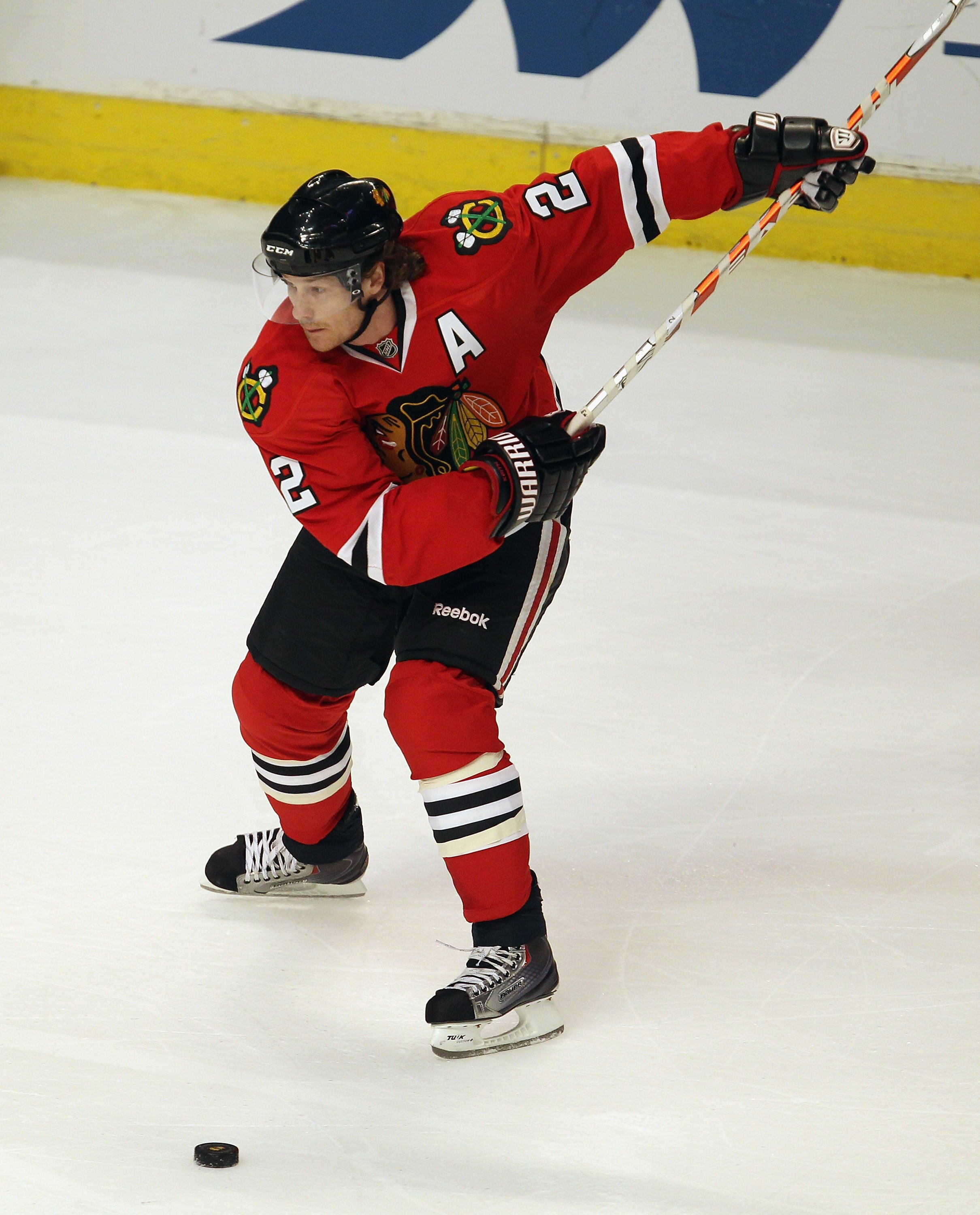 CHICAGO, IL - APRIL 17: Duncan Keith #2 of the Chicago Blackhawks winds up to shoot a power-play goal in the 1st period against the Vancouver Canucks in Game Three of the Western Conference Quarterfinals during the 2011 NHL Stanley Cup Playoffs at the Uni