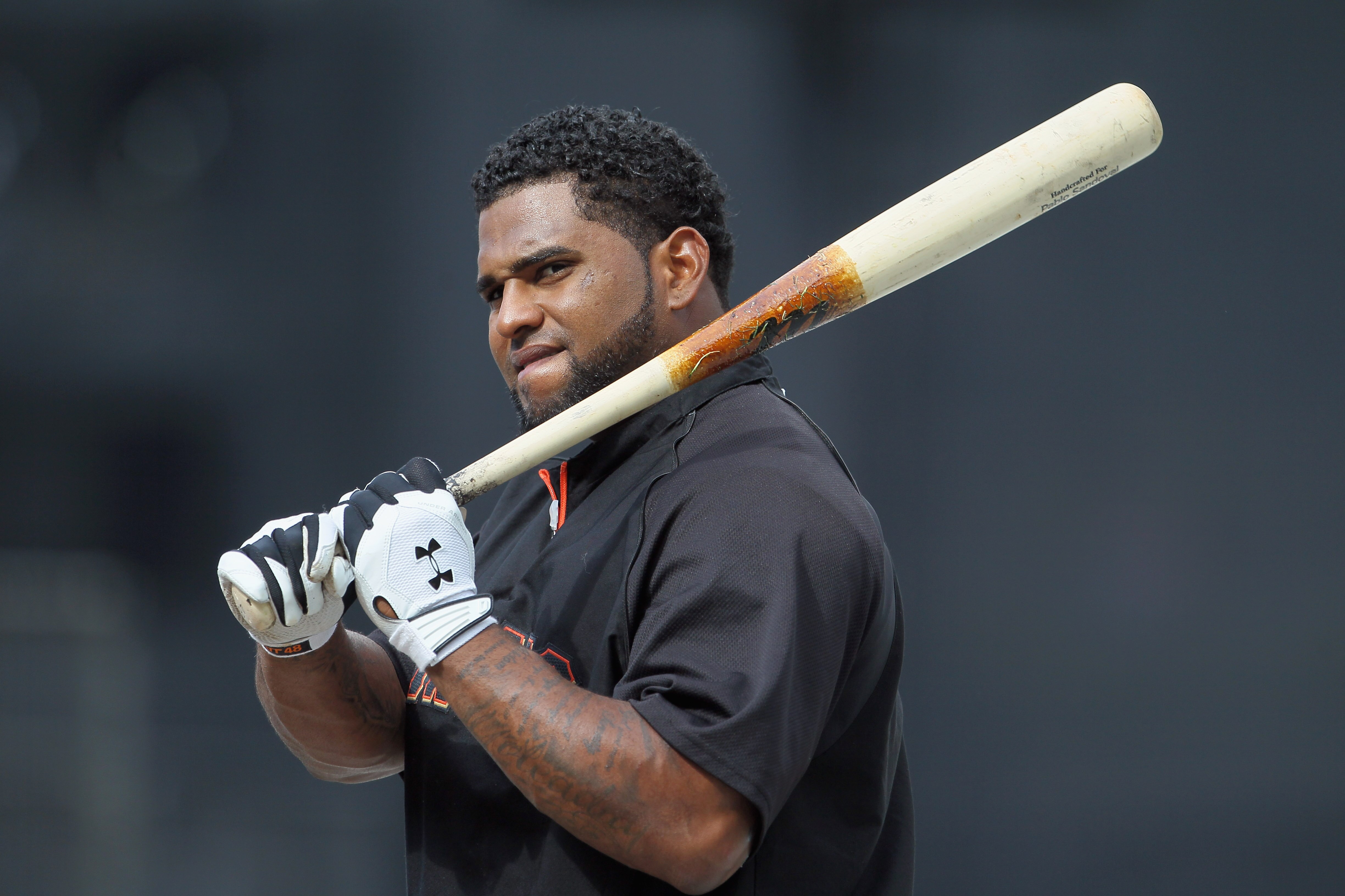 LOS ANGELES, CA - APRIL 03:  Pablo Sandoval #48 of the San Francisco Giants looks on prior to the start of the game against the Los Angeles Dodgers at Dodger Stadium on April 3, 2011 in Los Angeles, California.  (Photo by Jeff Gross/Getty Images)
