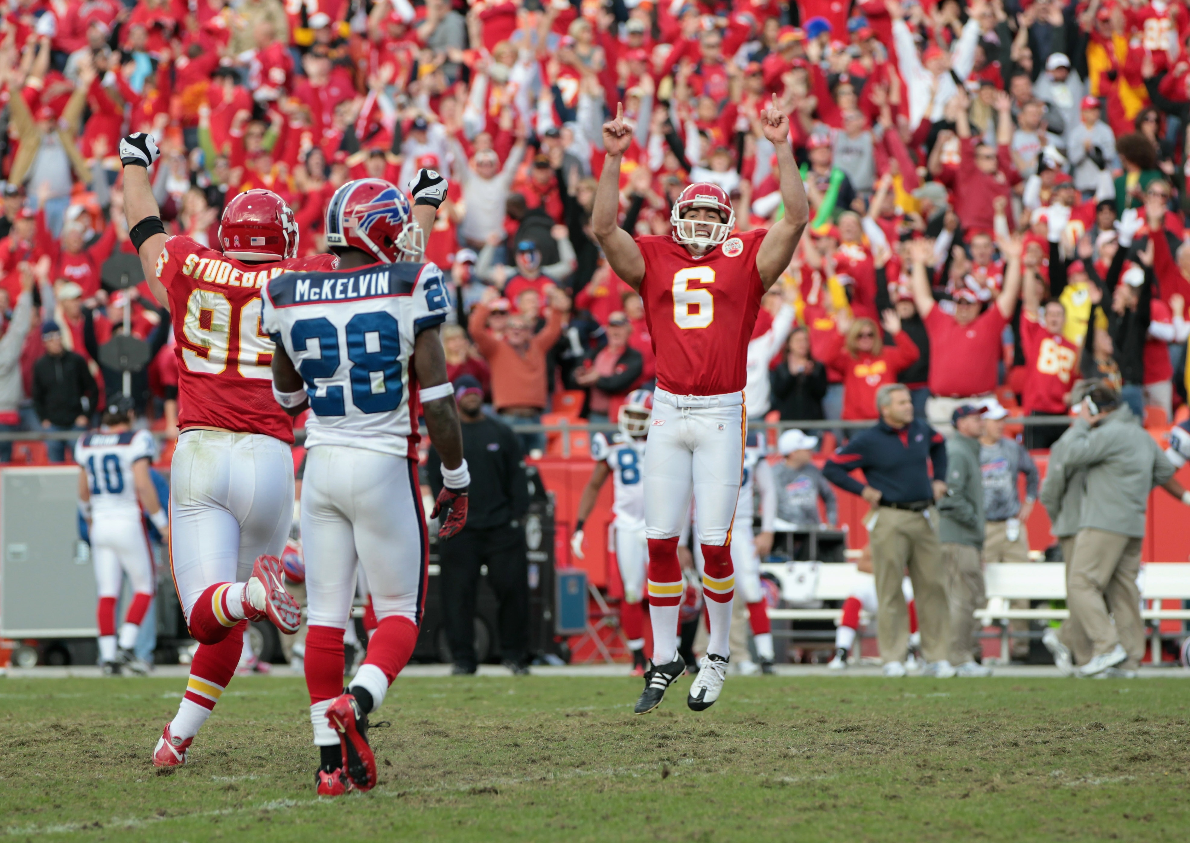 KANSAS CITY, MO - OCTOBER 31:  Kicker Ryan Succop #6 of the Kansas City Chiefs celebrates after making a filed goal in overtime to win the game against the Buffalo Bills on October 31, 2010  at Arrowhead Stadium in Kansas City, Missouri.  (Photo by Jamie