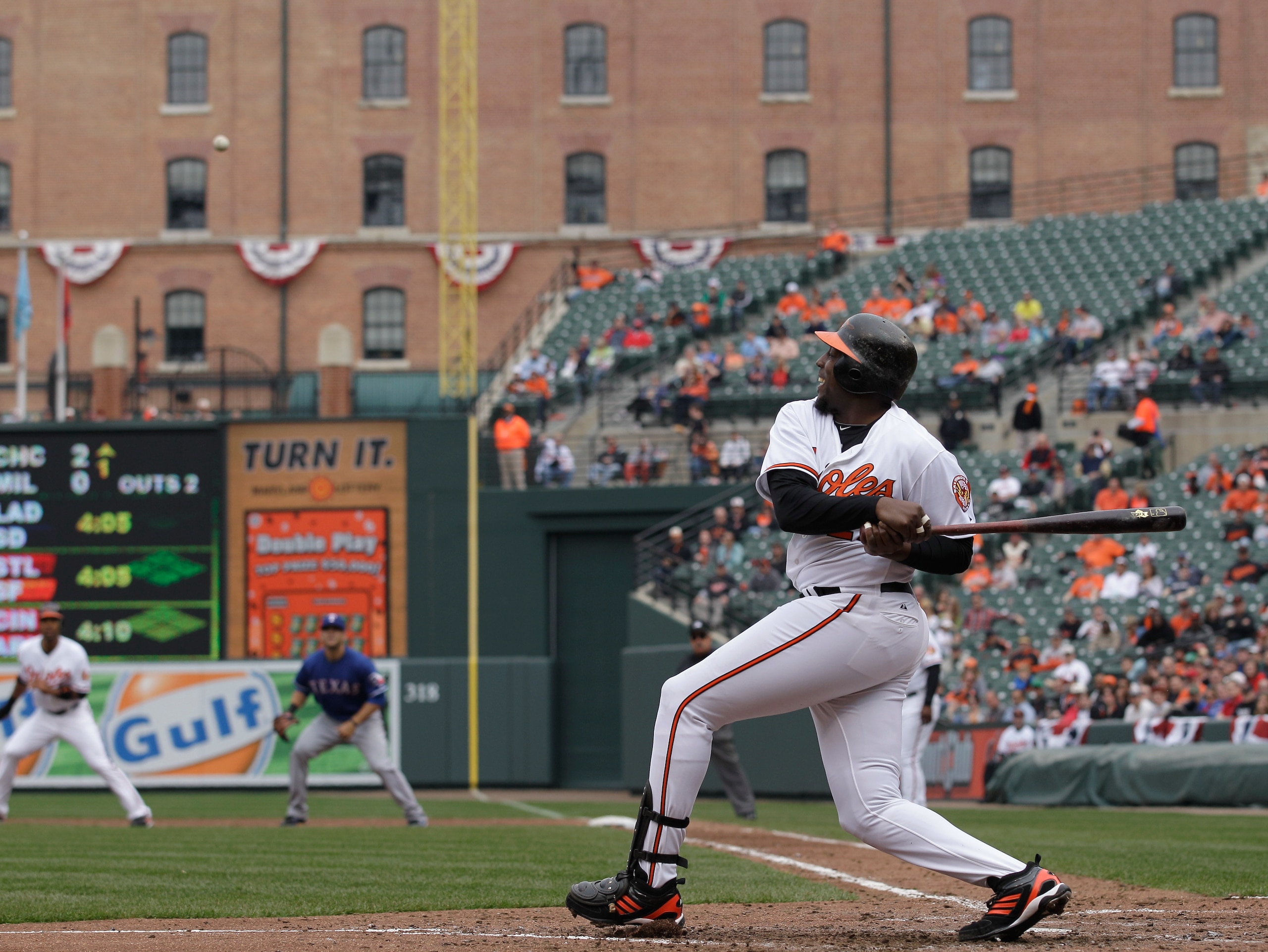 BALTIMORE, MD - APRIL 10:  Vladimir Guerrero #27 of the Baltimore Orioles at the plate against the Texas Rangers at Oriole Park at Camden Yards on April 10, 2011 in Baltimore, Maryland.  (Photo by Rob Carr/Getty Images)