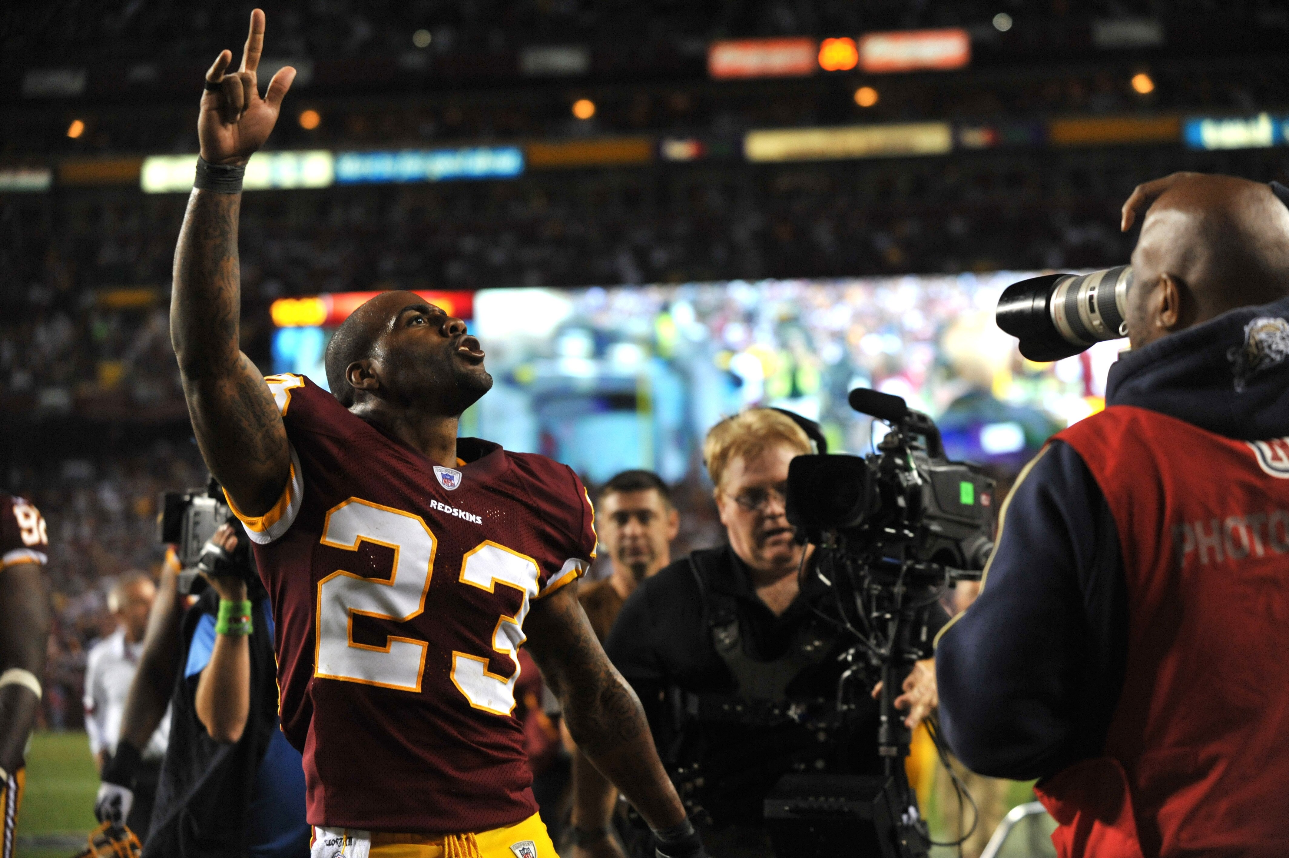 LANDOVER - SEPTEMBER 12:  DeAngelo Hall #23 of the Washington Redskins celebrates his touchdown during the NFL season opener against the Dallas Cowboys at FedExField on September 12, 2010 in Landover, Maryland.  (Photo by Larry French/Getty Images)