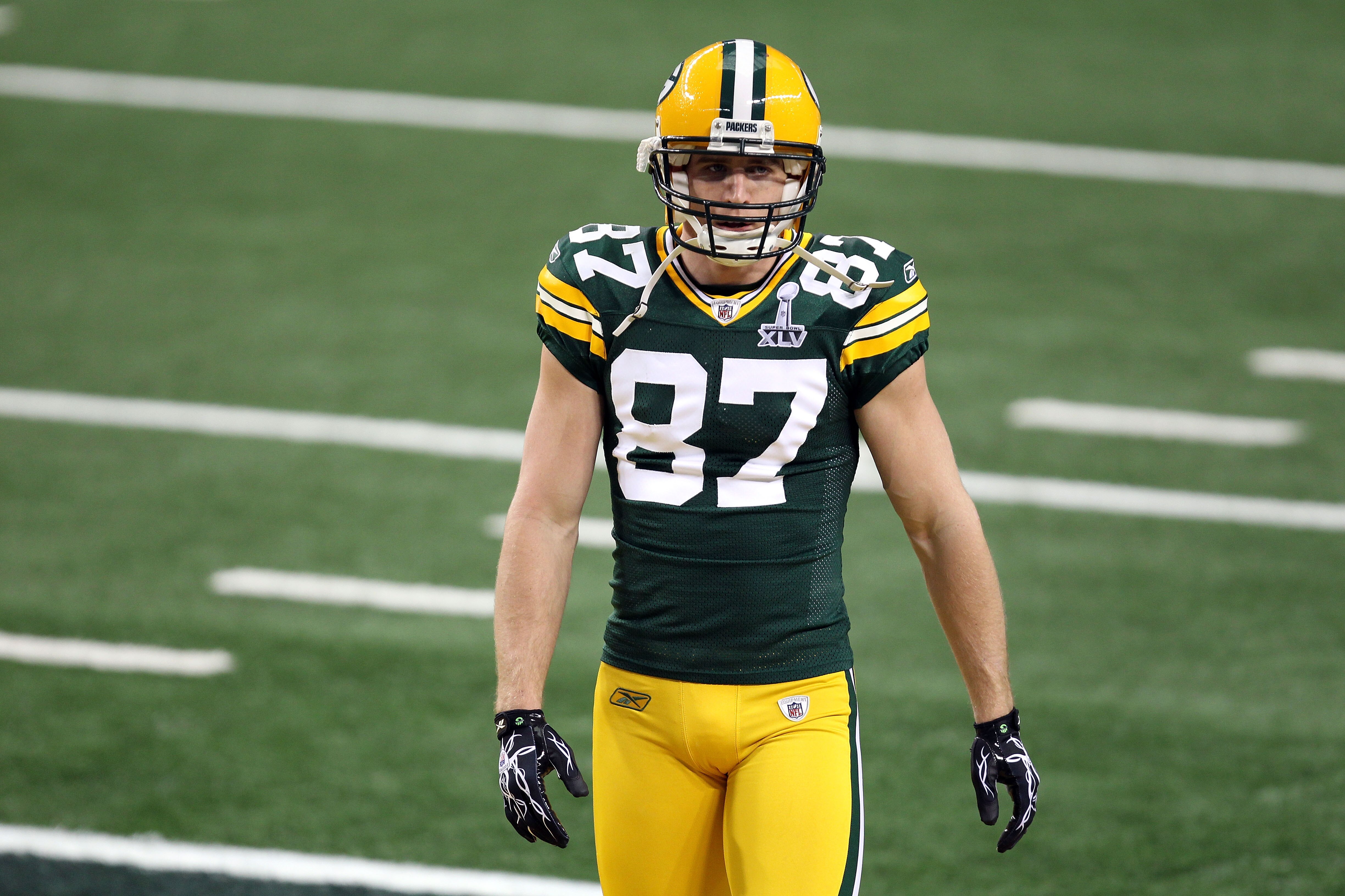 ARLINGTON, TX - FEBRUARY 06:  Jordy Nelson #87 of the Green Bay Packers looks on during warm ups against the Pittsburgh Steelers during Super Bowl XLV at Cowboys Stadium on February 6, 2011 in Arlington, Texas. The Packers won 31-25. (Photo by Mike Ehrman