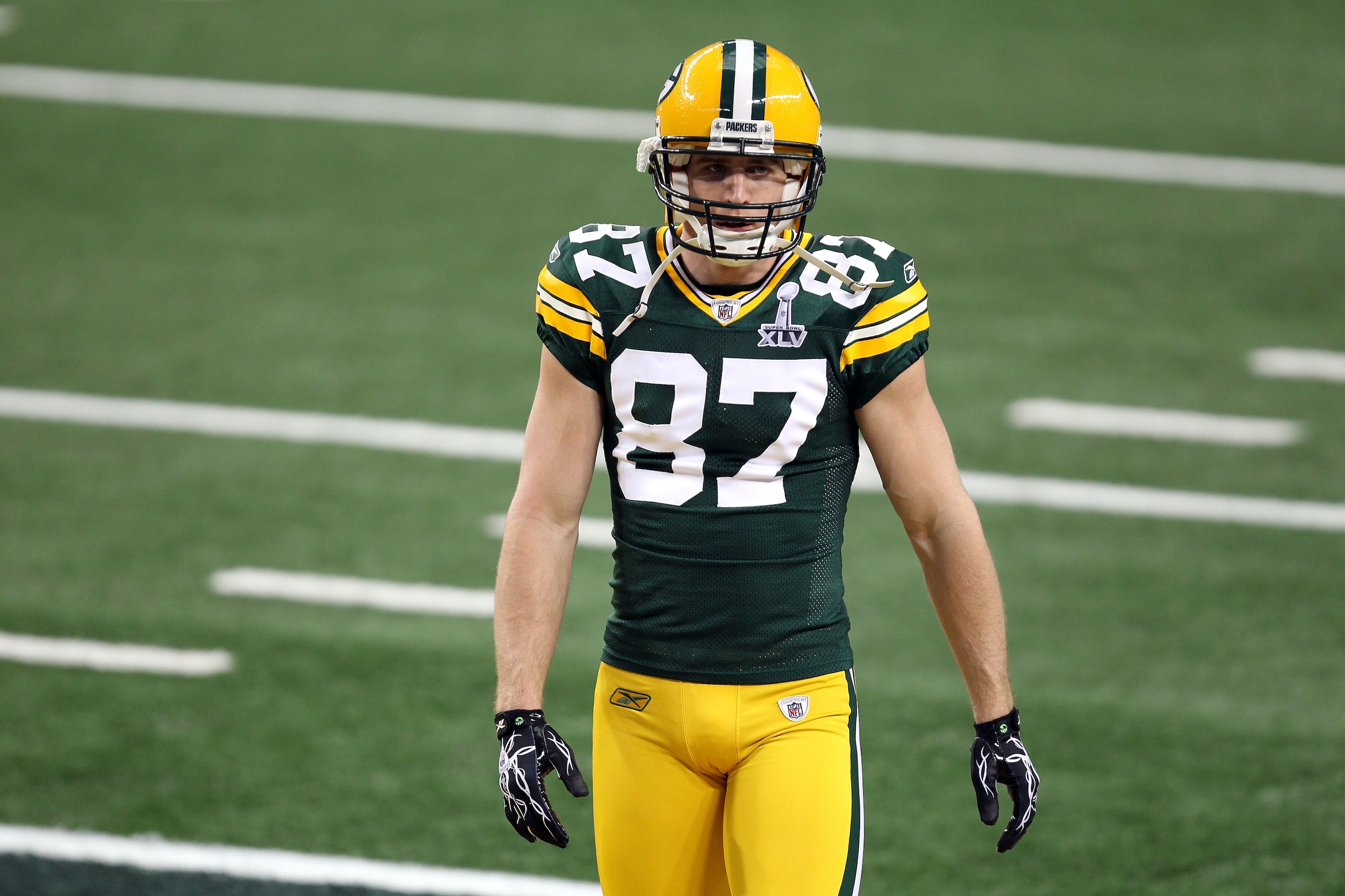 ARLINGTON, TX - FEBRUARY 06:  Jordy Nelson #87 of the Green Bay Packers looks on during warm ups against the Pittsburgh Steelers during Super Bowl XLV at Cowboys Stadium on February 6, 2011 in Arlington, Texas. The Packers won 31-25. (Photo by Mike Ehrman