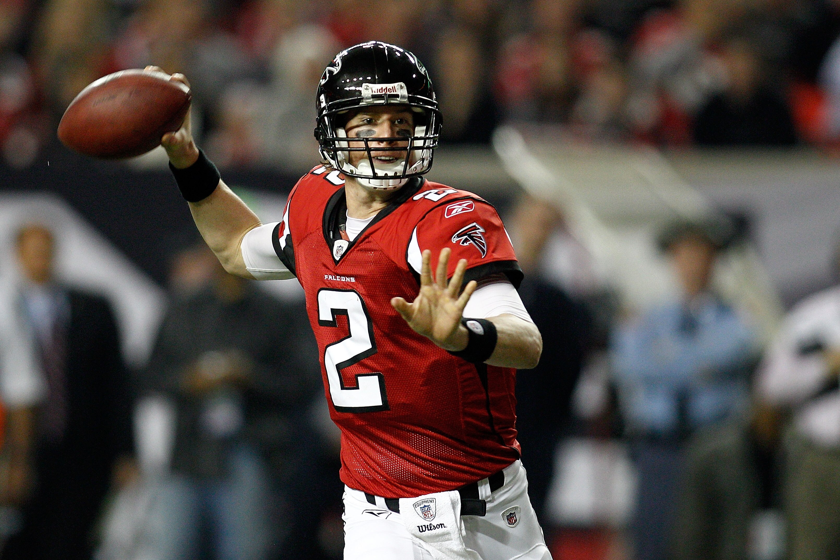 ATLANTA, GA - JANUARY 15:  Quarterback Matt Ryan #2 of the Atlanta Falcons throws a pass against the Green Bay Packers during their 2011 NFC divisional playoff game at Georgia Dome on January 15, 2011 in Atlanta, Georgia. The Packers won 48-21. (Photo by