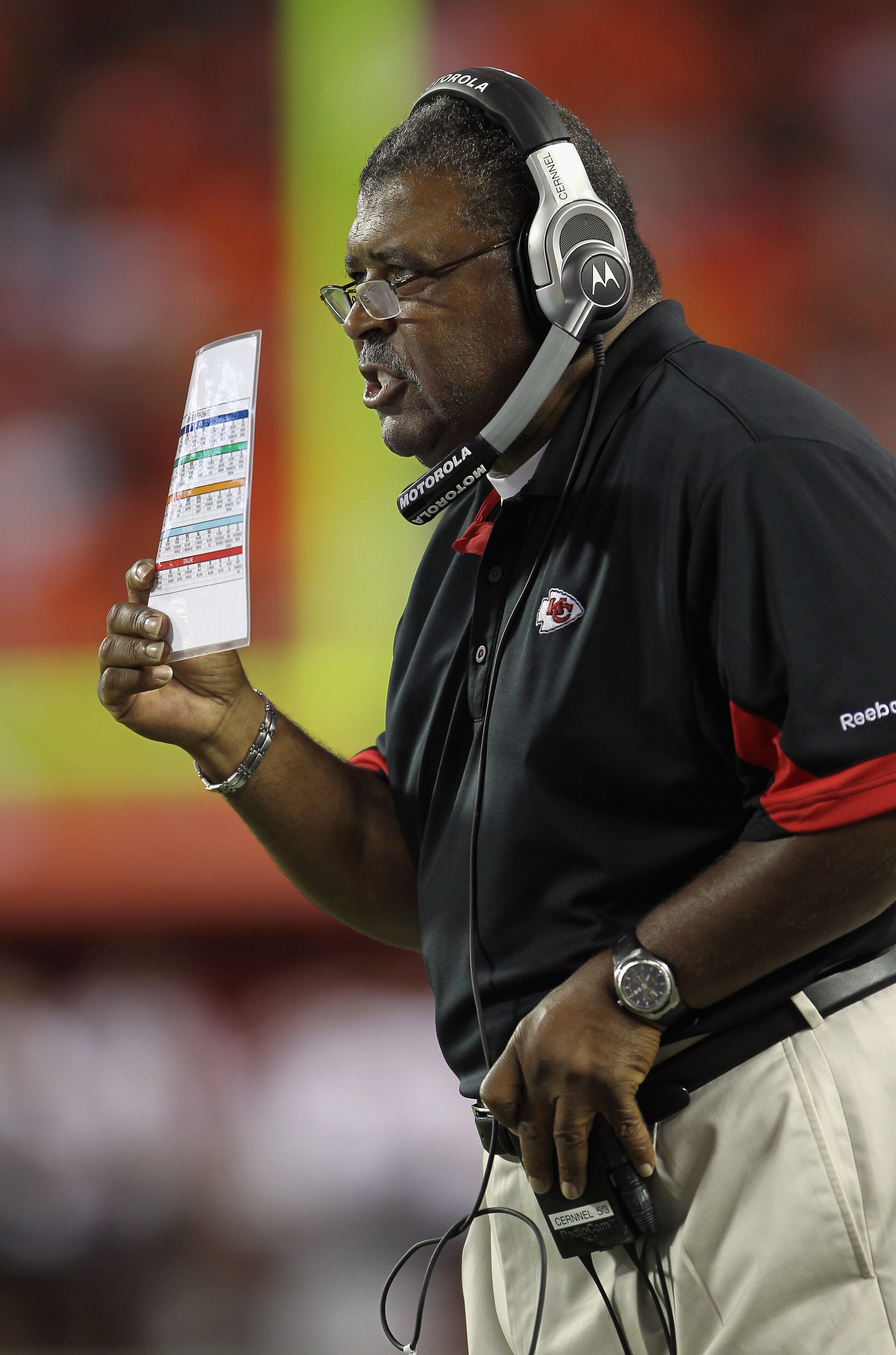 KANSAS CITY, MO - SEPTEMBER 02: Defensive Coordinator Romeo Crennel of the Kansas City Chiefs looks on from the sidelines during the game against the Green Bay Packers on September 2, 2010 at Arrowhead Stadium in Kansas City, Missouri. (Photo by Jamie KANSAS CITY, MO - SEPTEMBER 02: Defensive Coordinator Romeo Crennel of the Kansas City Chiefs looks on from the sidelines during the game against the Green Bay Packers on September 2, 2010 at Arrowhead Stadium in Kansas City, Missouri. (Photo by Jamie