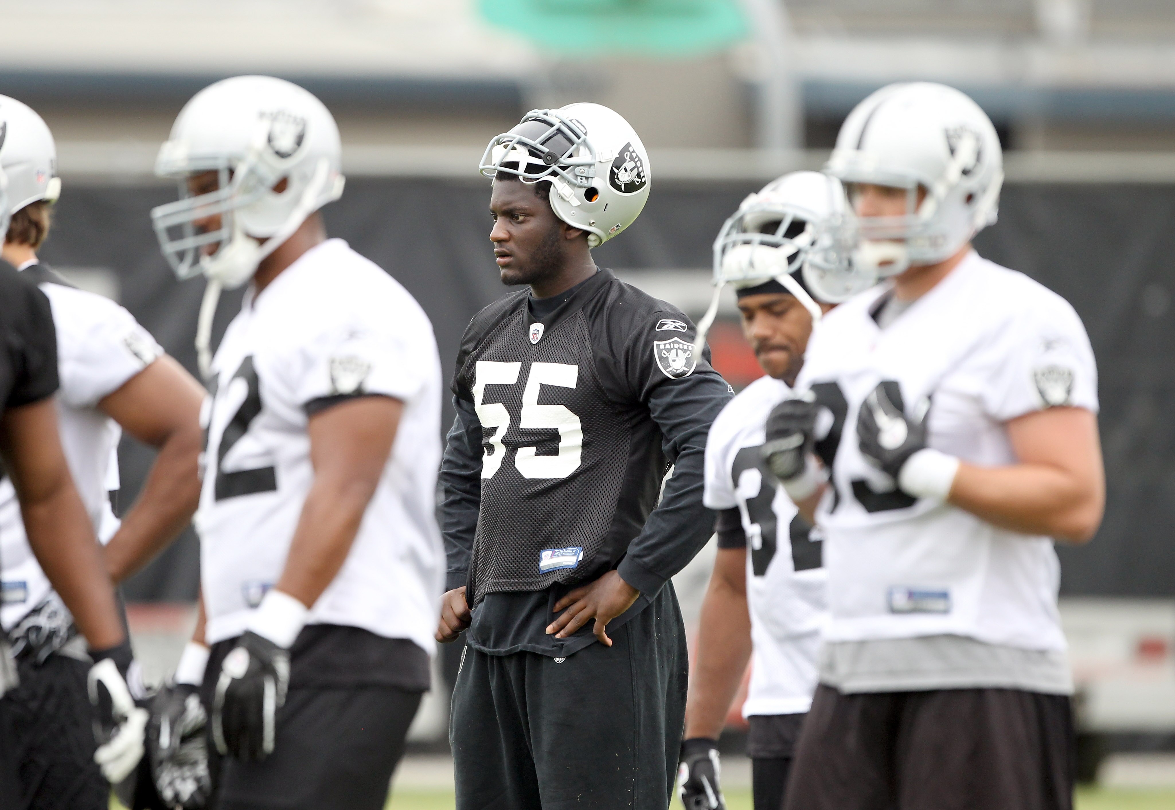 NAPA, CA - AUGUST 01:  Rolando McClain #55 of the Oakland Raiders works out during the Raiders training camp at their Napa Valley Training Complex on August 1, 2010 in Napa, California.  (Photo by Ezra Shaw/Getty Images)