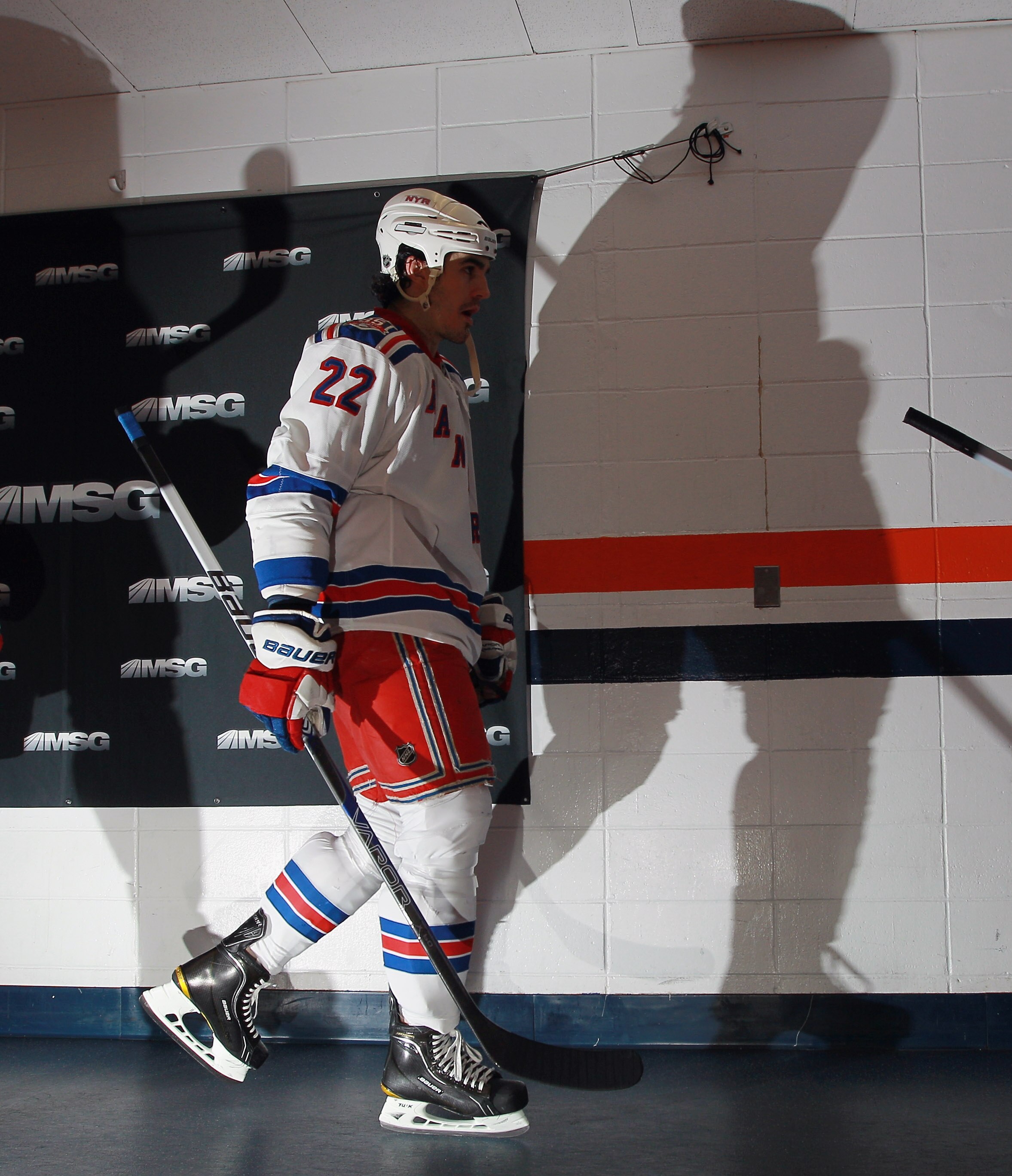 UNIONDALE, NY - MARCH 31: Brian Boyle #22 of the New York Rangers walks out for warmups prior to the game against the New York Islanders at the Nassau Coliseum on March 31, 2011 in Uniondale, New York.  (Photo by Bruce Bennett/Getty Images)