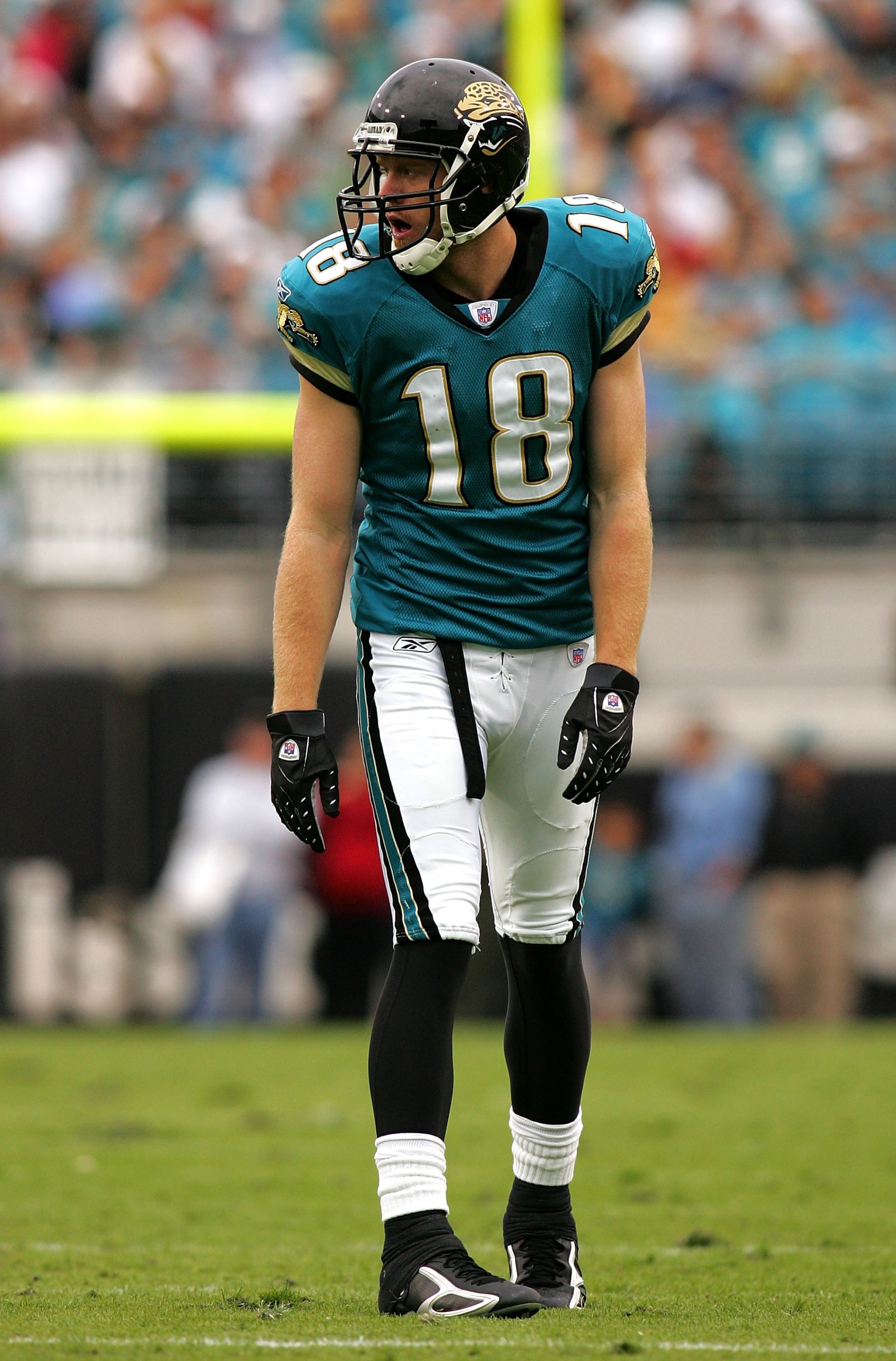 JACKSONVILLE, FL - DECEMBER 23:  Matt Jones #18 of the Jacksonville Jaguars lines up in a game against the Oakland Raiders at Jacksonville Municipal Stadium on December 23, 2007 in Jacksonville, Florida.  (Photo by Sam Greenwood/Getty Images)