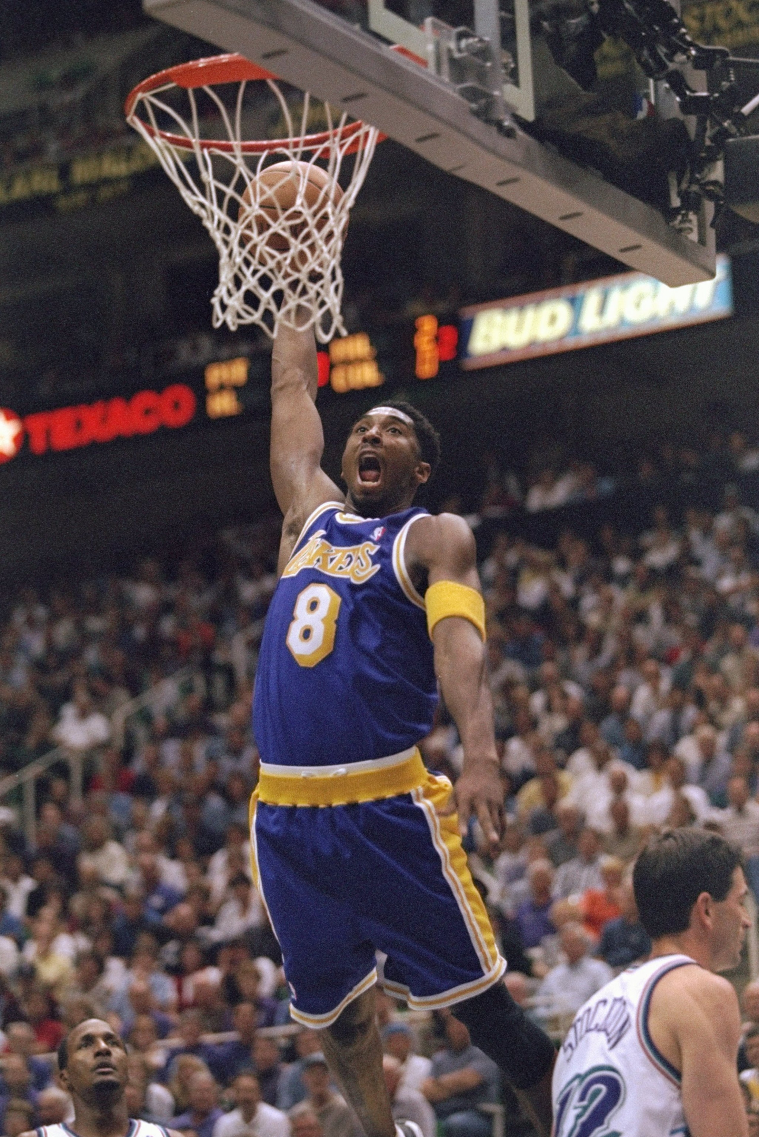 18 May 1998:  Kobe Bryant #8 of the Los Angeles Lakers goes up for a basket  during a game with the Utah Jazz at the NBA Western Conference Finals at the Delta Center in Salt Lake City, Utah.  The Jazz defeated the Lakers 99-95. Mandatory Credit: Jed Jaco