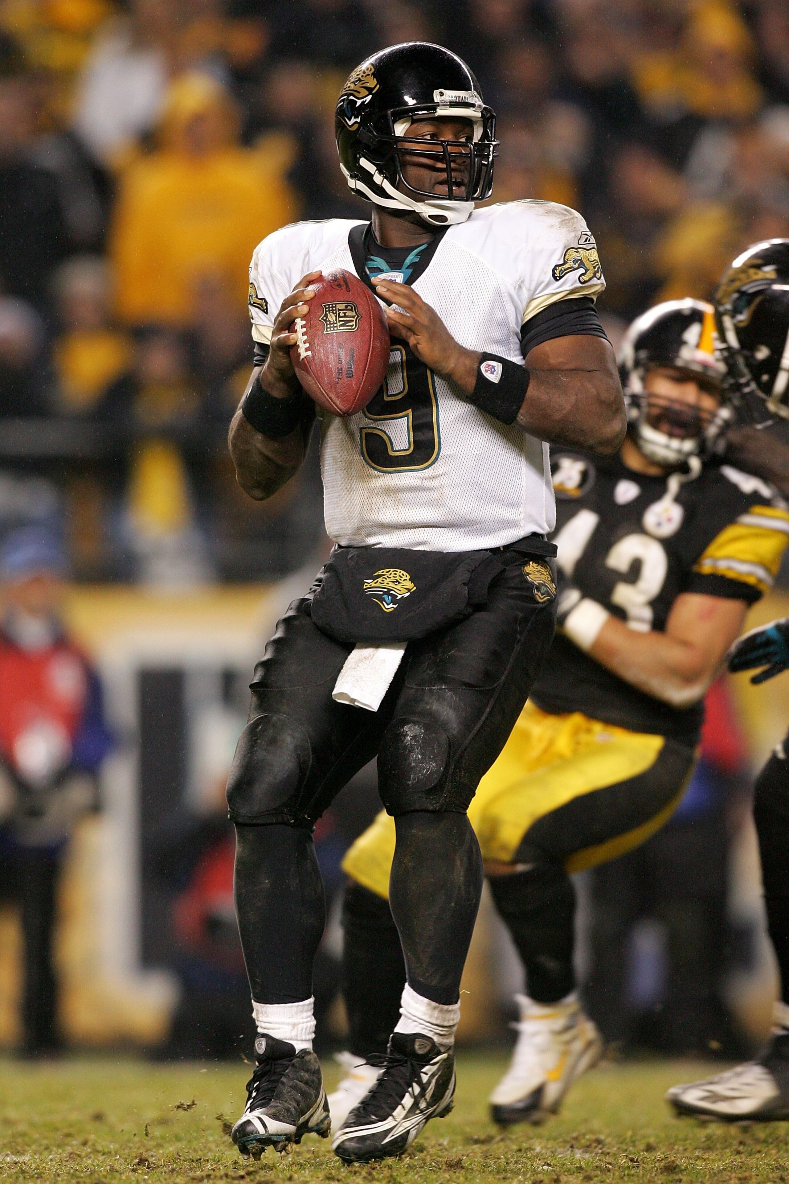 PITTSBURGH - JANUARY 05:  David Garrard #9 of the Jacksonville Jaguars prepares to pass in the game against the Pittsburgh Steelers during the AFC Wild Card game on January 5, 2008 at Heinz Field in Pittsburgh, Pennsylvania.  The Jaguars won 31-29.  (Phot