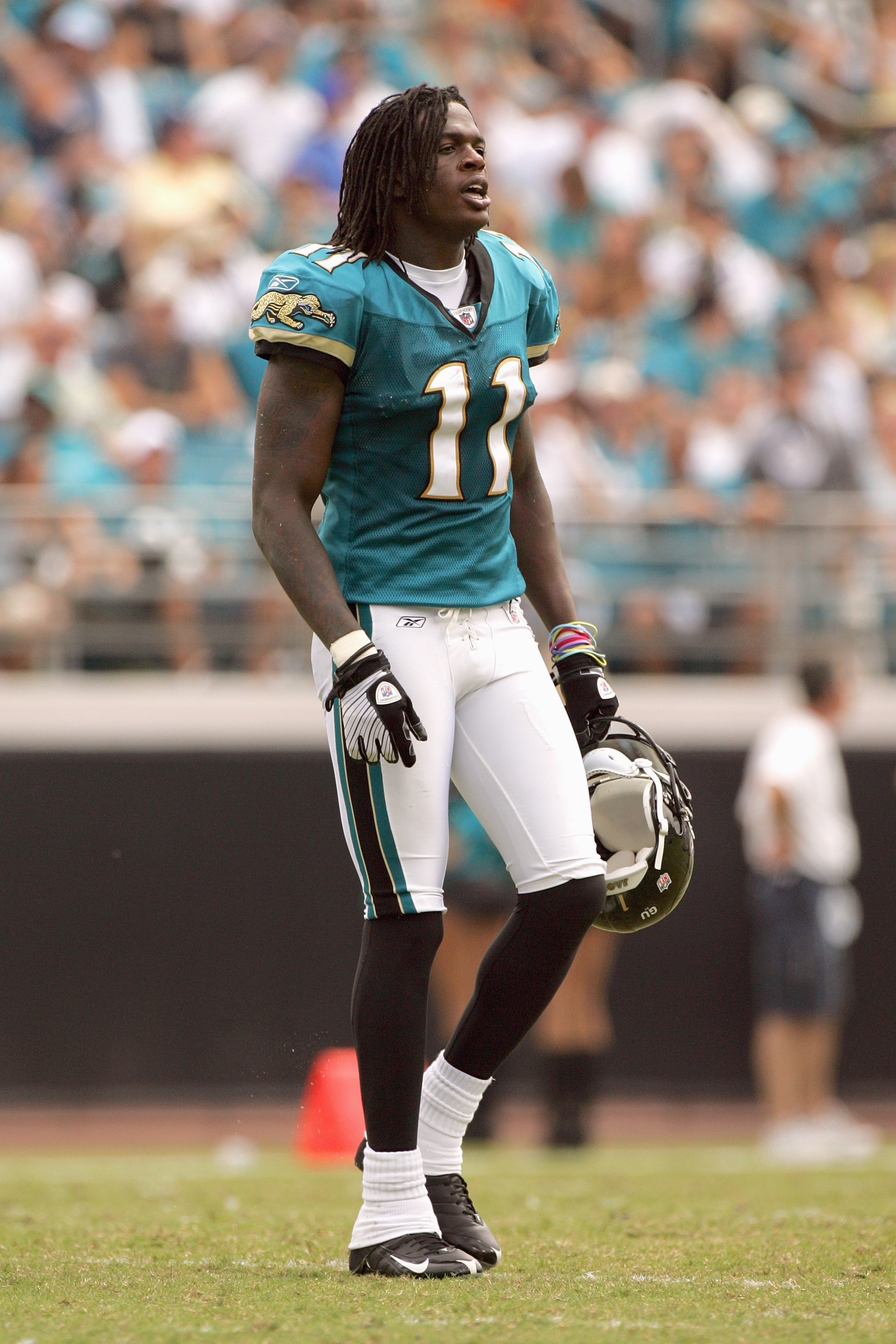 JACKSONVILLE, FL - SEPTEMBER 28: Reggie Williams #11 of the Jacksonville Jaguars walks on the field during the game against the Houston Texans at Jacksonville Municipal Stadium on September 28, 2008 in Jacksonville, Florida. (Photo by Sam Greenwood/Gett JACKSONVILLE, FL - SEPTEMBER 28: Reggie Williams #11 of the Jacksonville Jaguars walks on the field during the game against the Houston Texans at Jacksonville Municipal Stadium on September 28, 2008 in Jacksonville, Florida. (Photo by Sam Greenwood/Gett