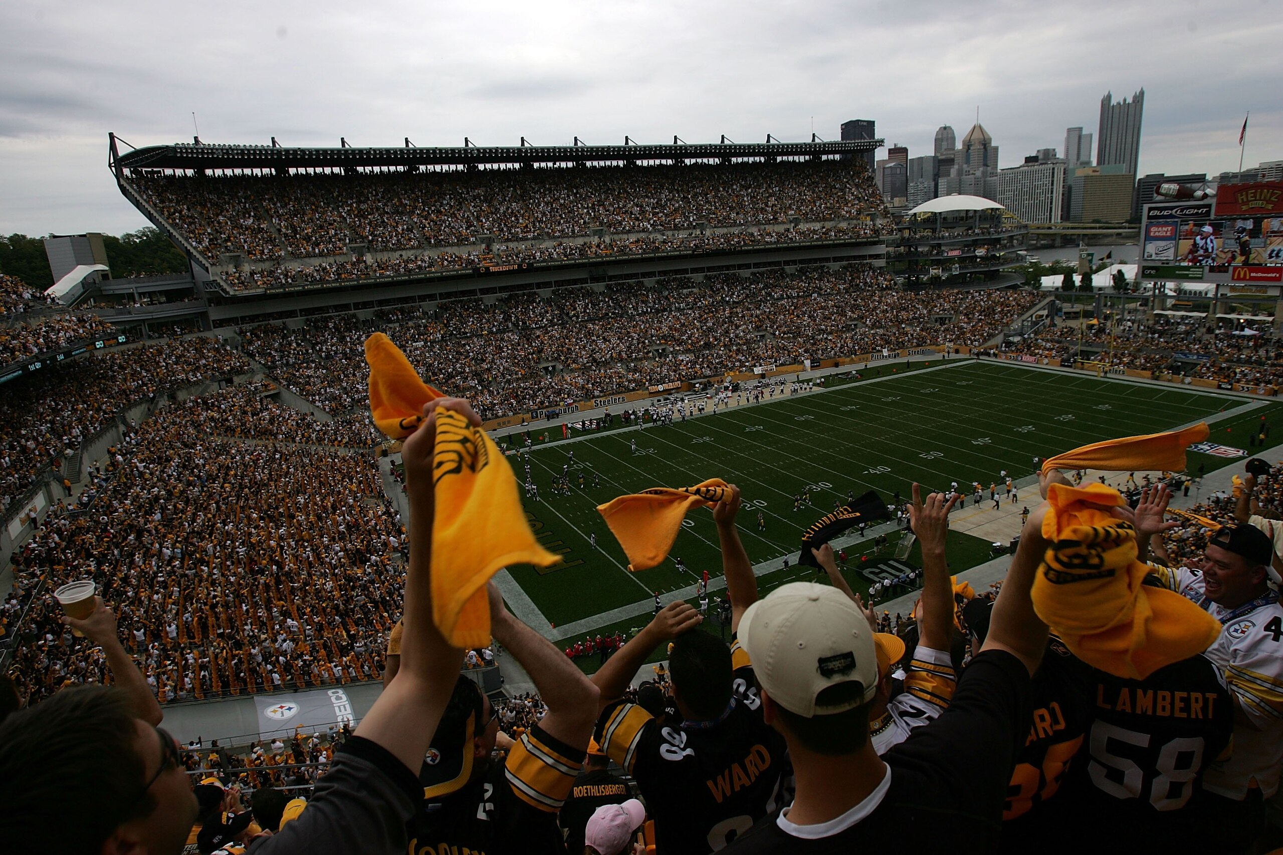 PITTSBURGH - SEPTEMBER 07:  Fans of the Pittsburgh Steelers wave 'terrible towels' during play against the Houston Texans on September 7, 2008 at Heinz Field in Pittsburgh, Pennsylvania.  (Photo by Ronald Martinez/Getty Images)