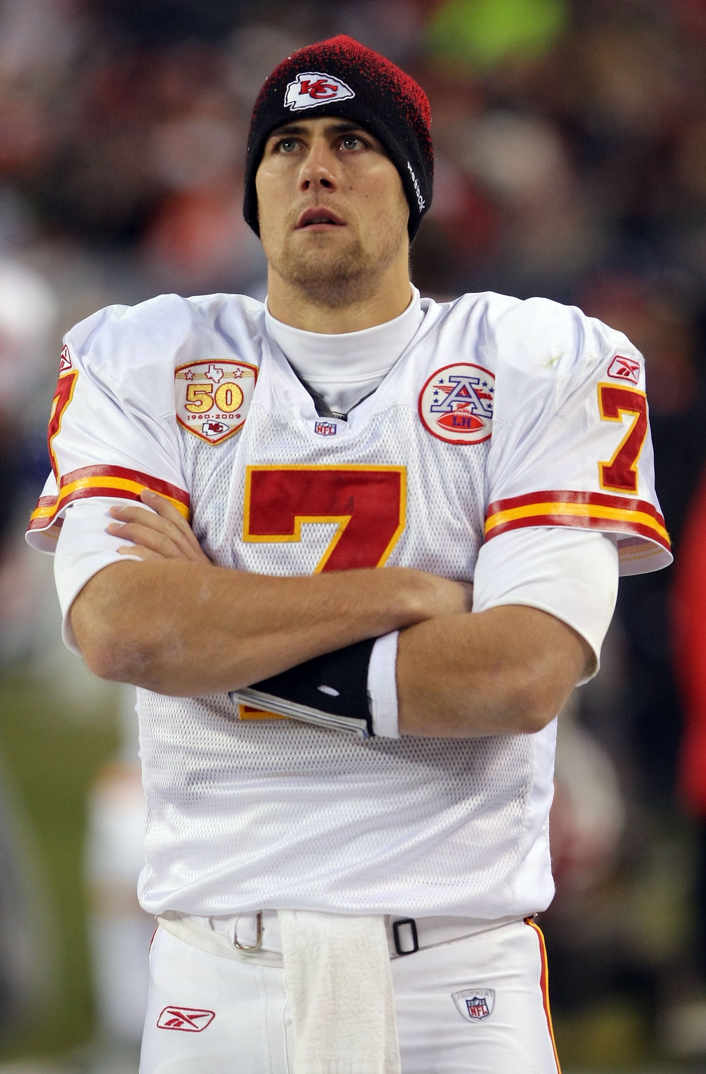 DENVER - JANUARY 03:  Quarterback Matt Cassel #7 of the Kansas City Chiefs looks on from the bench against the Denver Broncos during NFL action at Invesco Field at Mile High on January 3, 2010 in Denver, Colorado. The Chiefs defeated the Broncos 44-24.  (