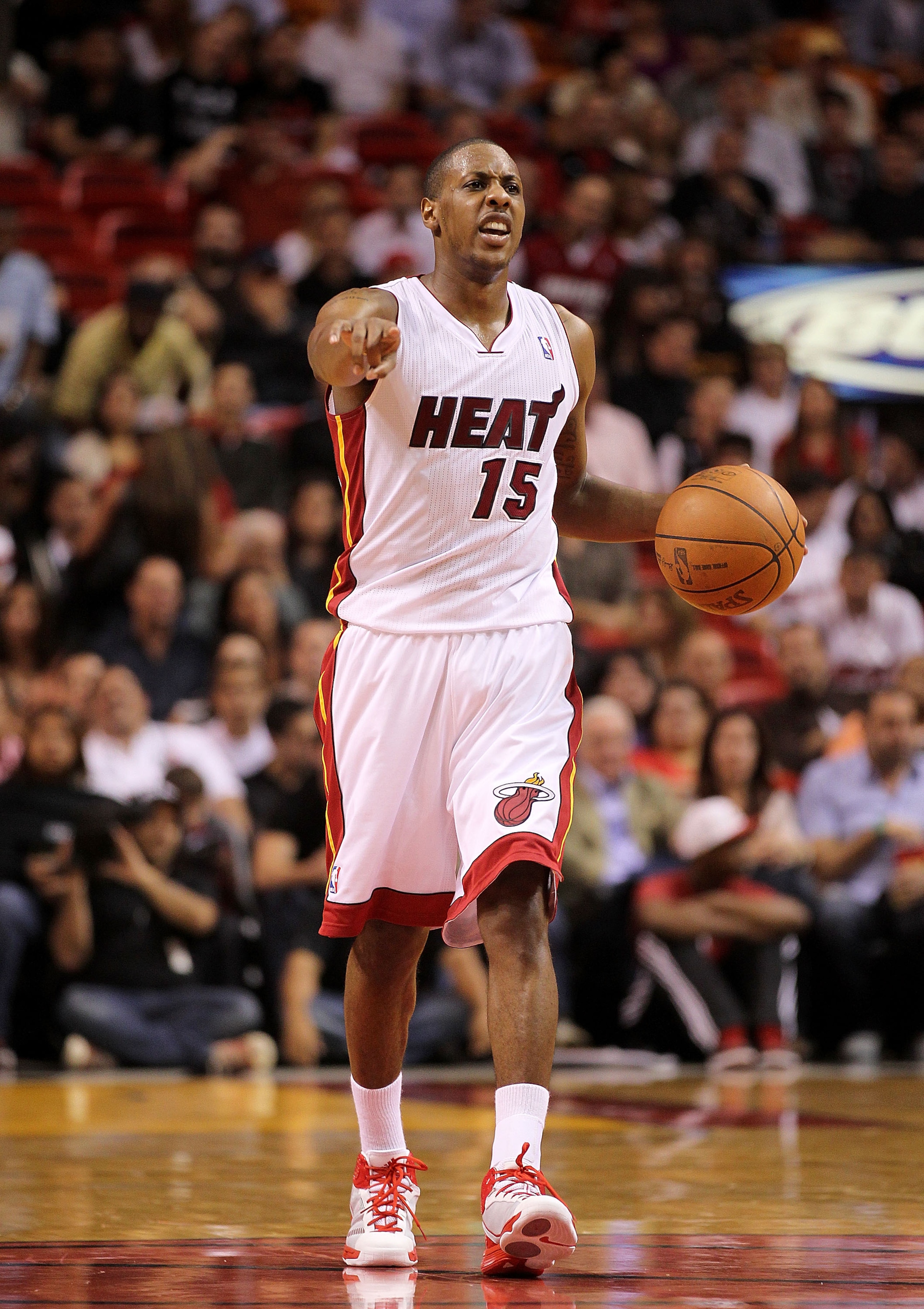 MIAMI, FL - FEBRUARY 08: Mario Chalmers #15 of the Miami Heat calls a play during a game against the Indiana Pacers at American Airlines Arena on February 8, 2011 in Miami, Florida. NOTE TO USER: User expressly acknowledges and agrees that, by downloading MIAMI, FL - FEBRUARY 08: Mario Chalmers #15 of the Miami Heat calls a play during a game against the Indiana Pacers at American Airlines Arena on February 8, 2011 in Miami, Florida. NOTE TO USER: User expressly acknowledges and agrees that, by downloading