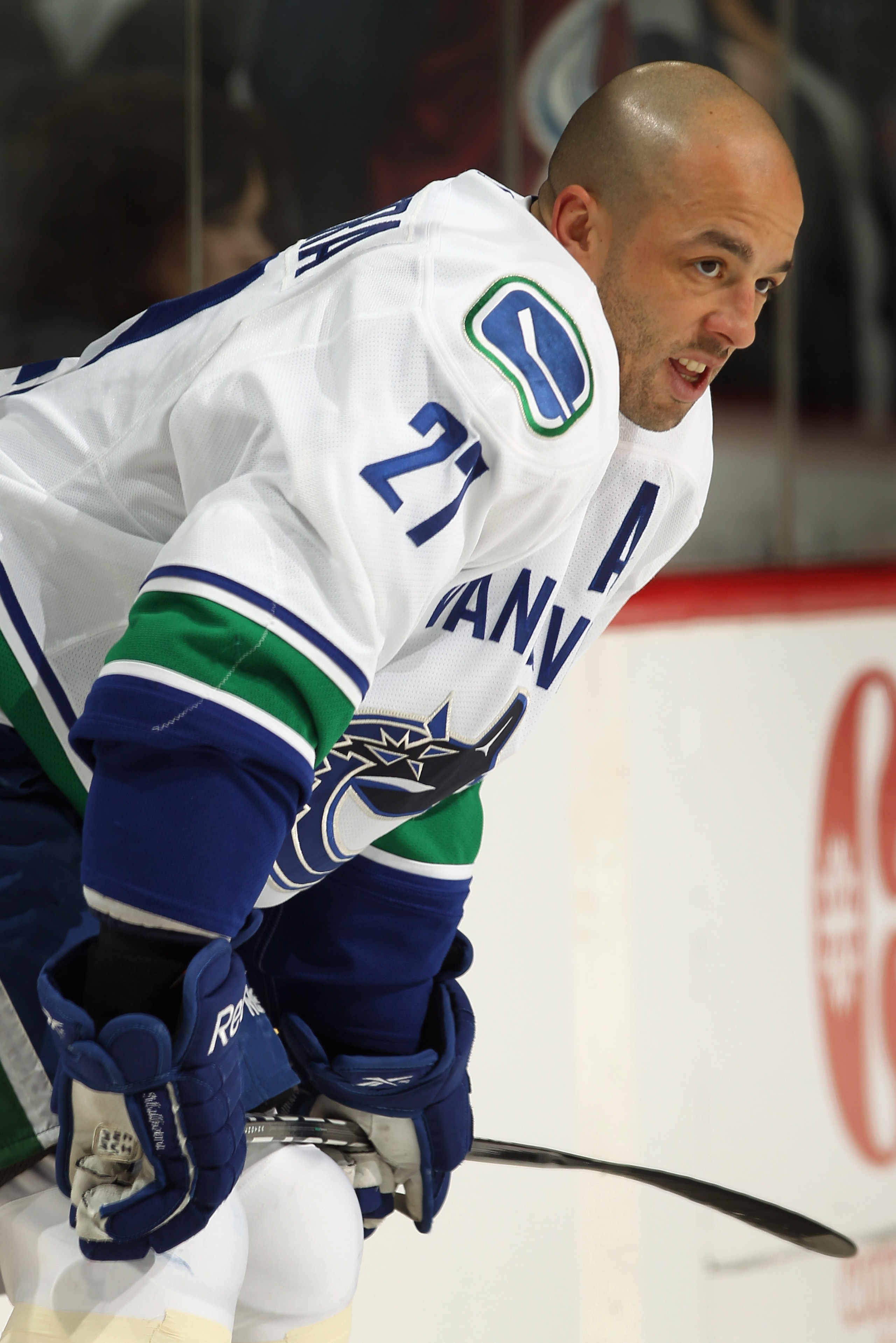 DENVER, CO - JANUARY 18: Manny Malhotra #27 of the Canucks warms up prior to facing the Colorado Avalanche at the Pepsi Center on January 18, 2011 in Denver, Colorado. The Avalanche defeated the Canucks 4-3 in overtime. (Photo by Doug Pensinger/Getty Im DENVER, CO - JANUARY 18: Manny Malhotra #27 of the Canucks warms up prior to facing the Colorado Avalanche at the Pepsi Center on January 18, 2011 in Denver, Colorado. The Avalanche defeated the Canucks 4-3 in overtime. (Photo by Doug Pensinger/Getty Im