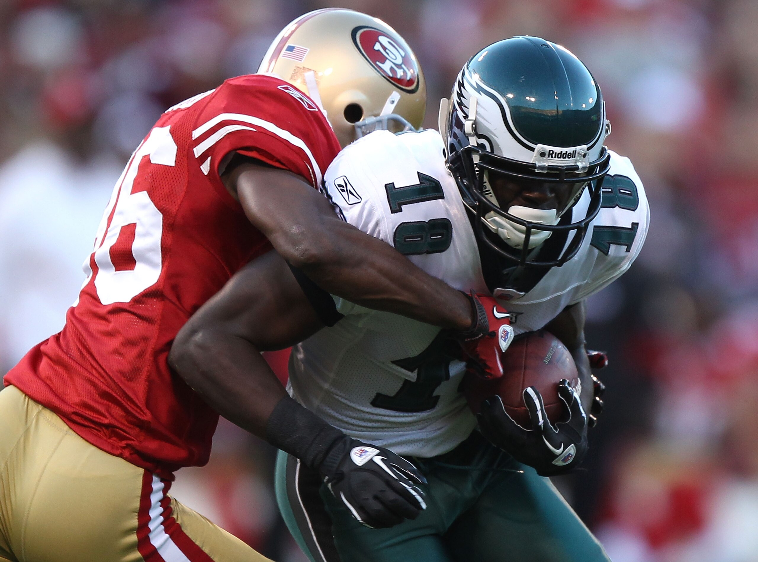SAN FRANCISCO - OCTOBER 10:  Jeremy Maclin #18 of the Philadelphia Eagles runs after a catch against Shawntae Spencer #36 of the San Francisco 49ers during an NFL game at Candlestick Park on October 10, 2010 in San Francisco, California.  (Photo by Jed Ja
