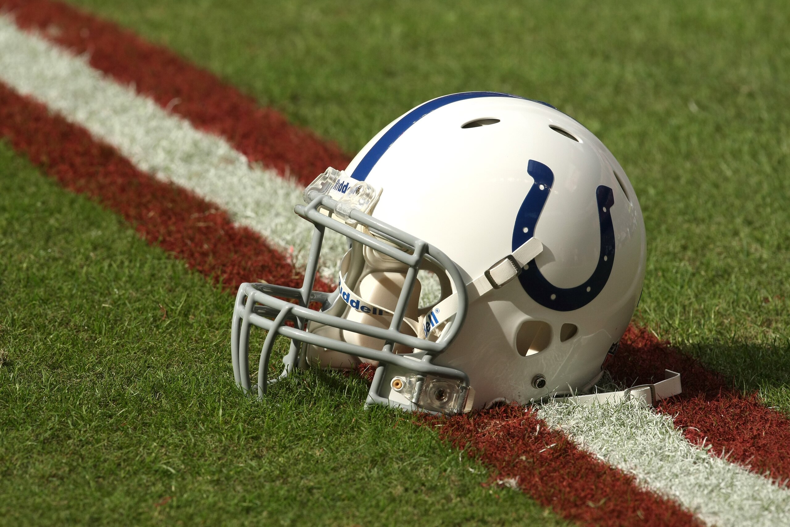 HOUSTON - NOVEMBER 29: An Indianapolis Colts helmet on the field beofre the game with the Houston Texans on November 29, 2009  at Reliant Stadium in Houston, Texas. The Colts won 35-27.  (Photo by Stephen Dunn/Getty Images)