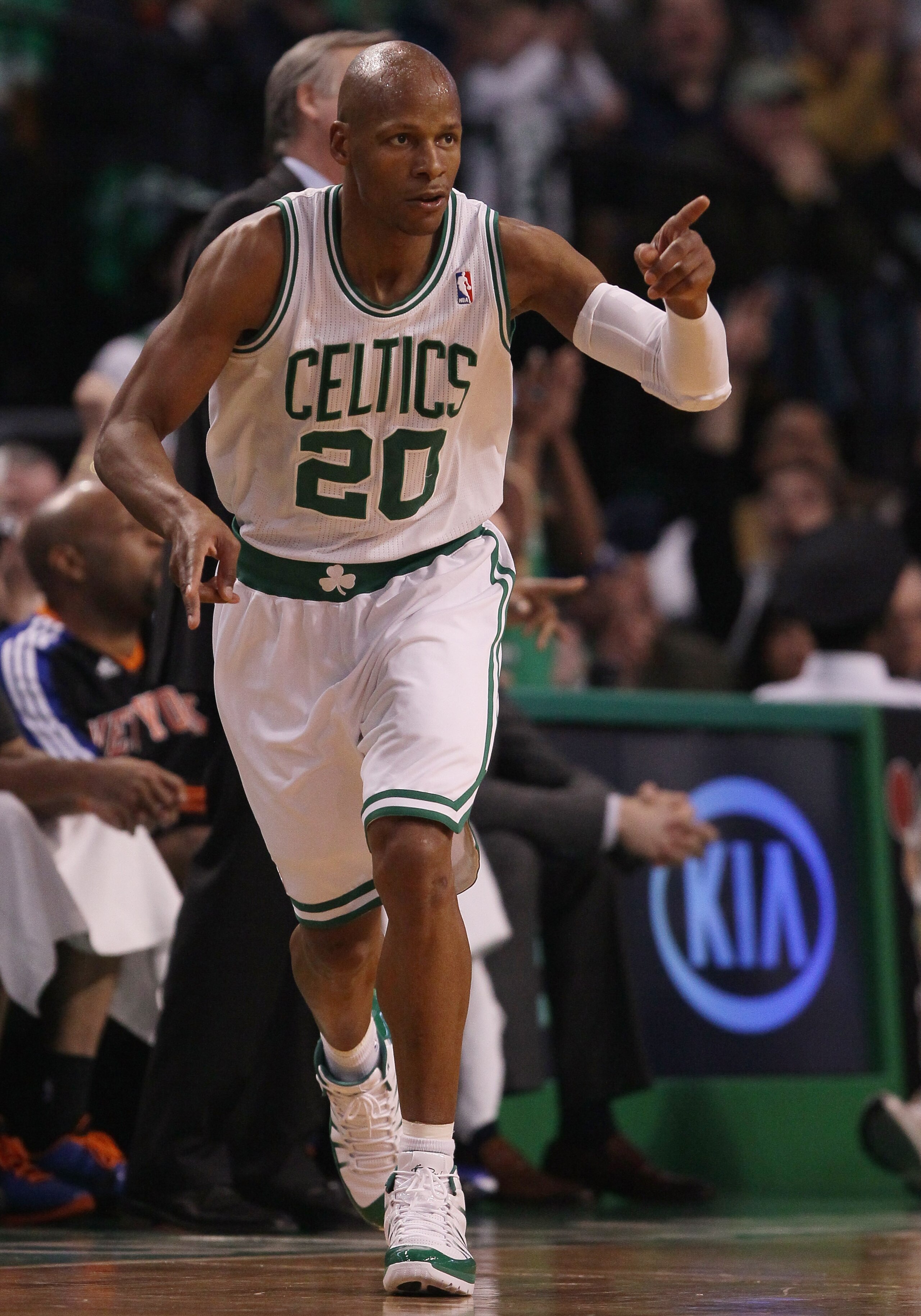 BOSTON, MA - APRIL 17:  Ray Allen #20 of the Boston Celtics celebrates his shot in the second half against the New York Knicks in Game One of the Eastern Conference Quarterfinals in the 2011 NBA Playoffs on April 17, 2011 at the TD Garden in Boston, Massa