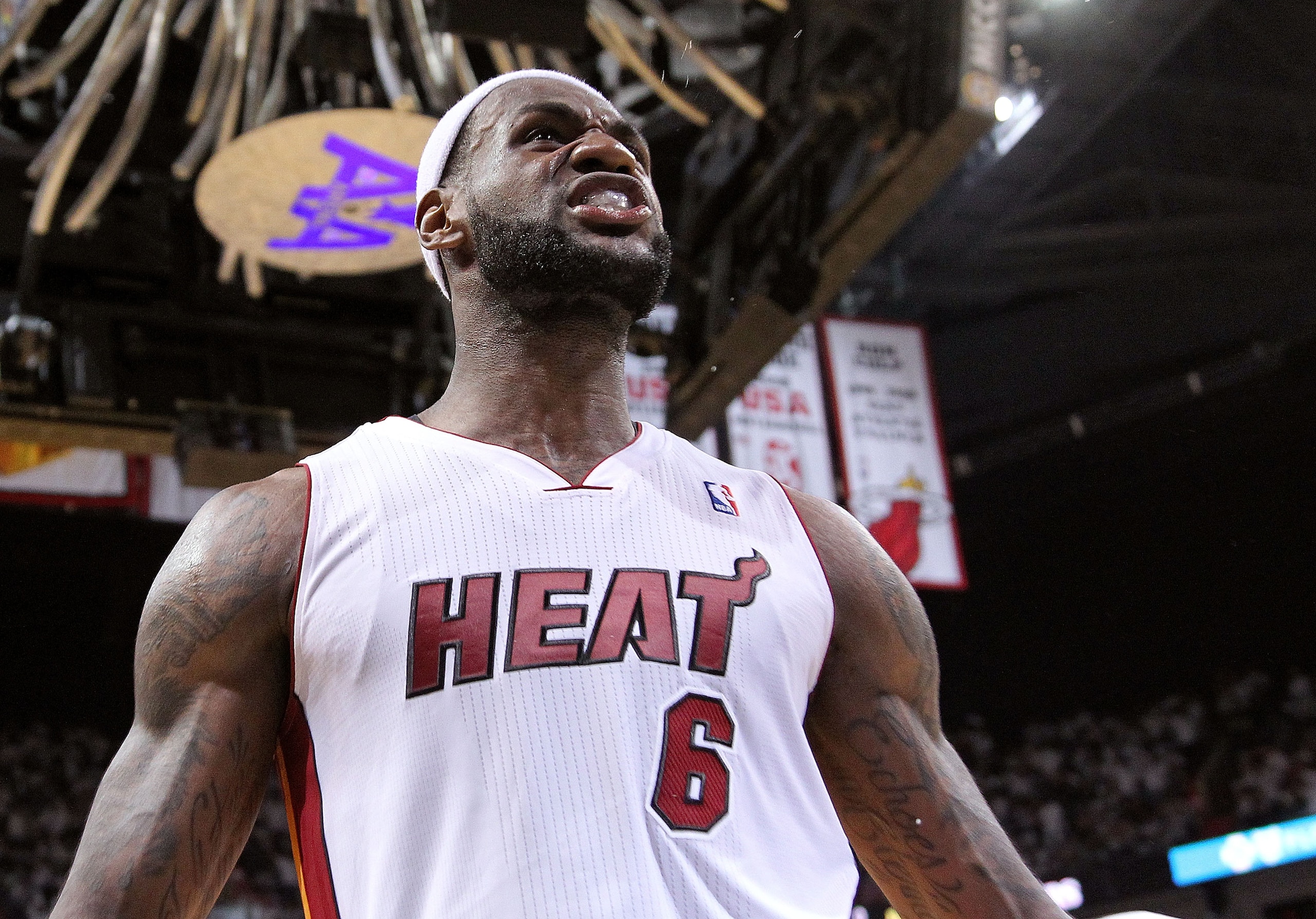 MIAMI, FL - APRIL 18: LeBron James #6 of the Miami Heat reacts after a shot during game two of the Eastern Conference Quarterfinals against the Philadelphia 76ers at American Airlines Arena on April 18, 2011 in Miami, Florida. NOTE TO USER: User expressl MIAMI, FL - APRIL 18: LeBron James #6 of the Miami Heat reacts after a shot during game two of the Eastern Conference Quarterfinals against the Philadelphia 76ers at American Airlines Arena on April 18, 2011 in Miami, Florida. NOTE TO USER: User expressl