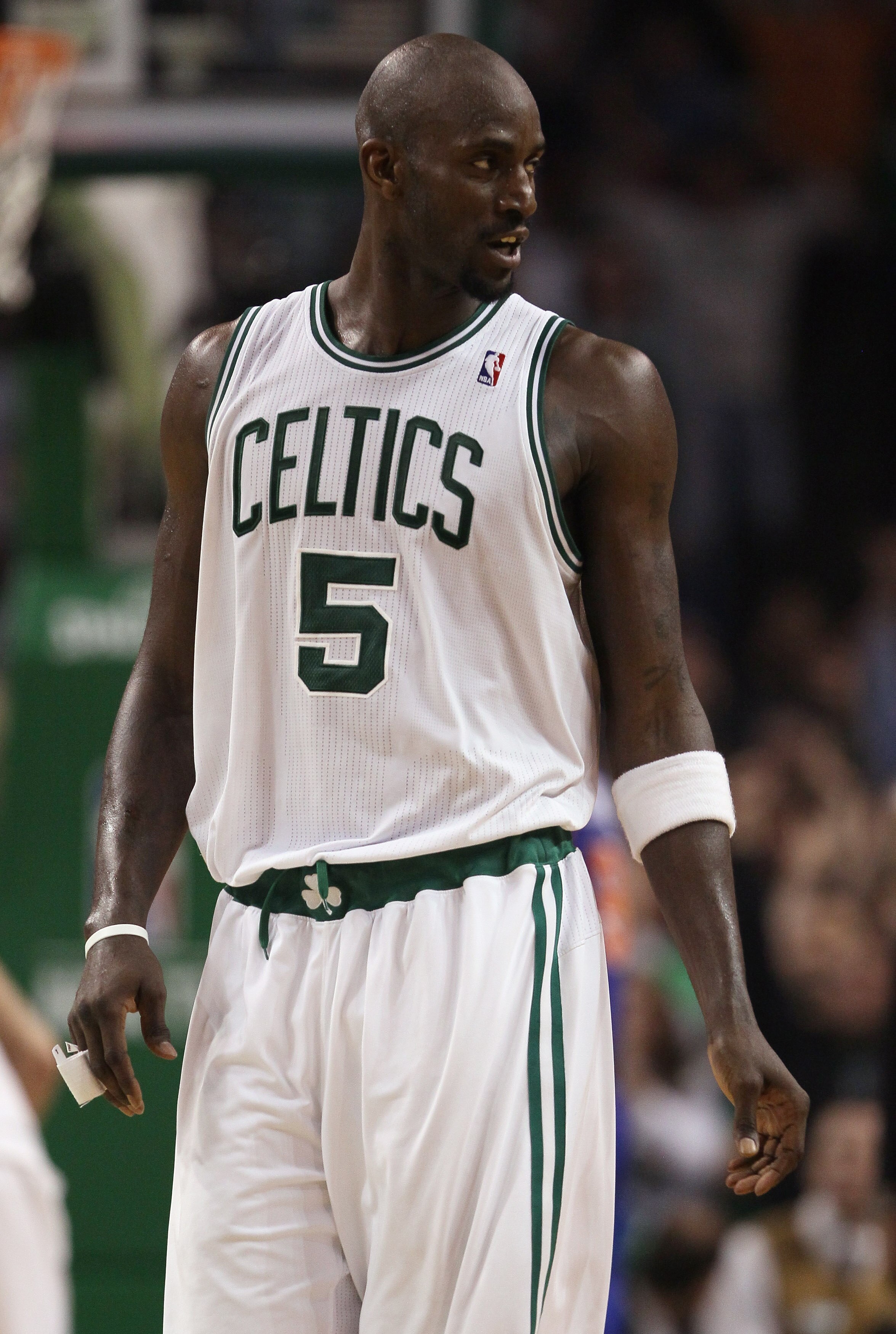 BOSTON, MA - APRIL 19:  Kevin Garnett #5 of the Boston Celtics celebrates his game winning basket in Game Two of the Eastern Conference Quarterfinals in the 2011 NBA Playoffs on April 19, 2011 at the TD Garden in Boston, Massachusetts. The Boston Celtics 