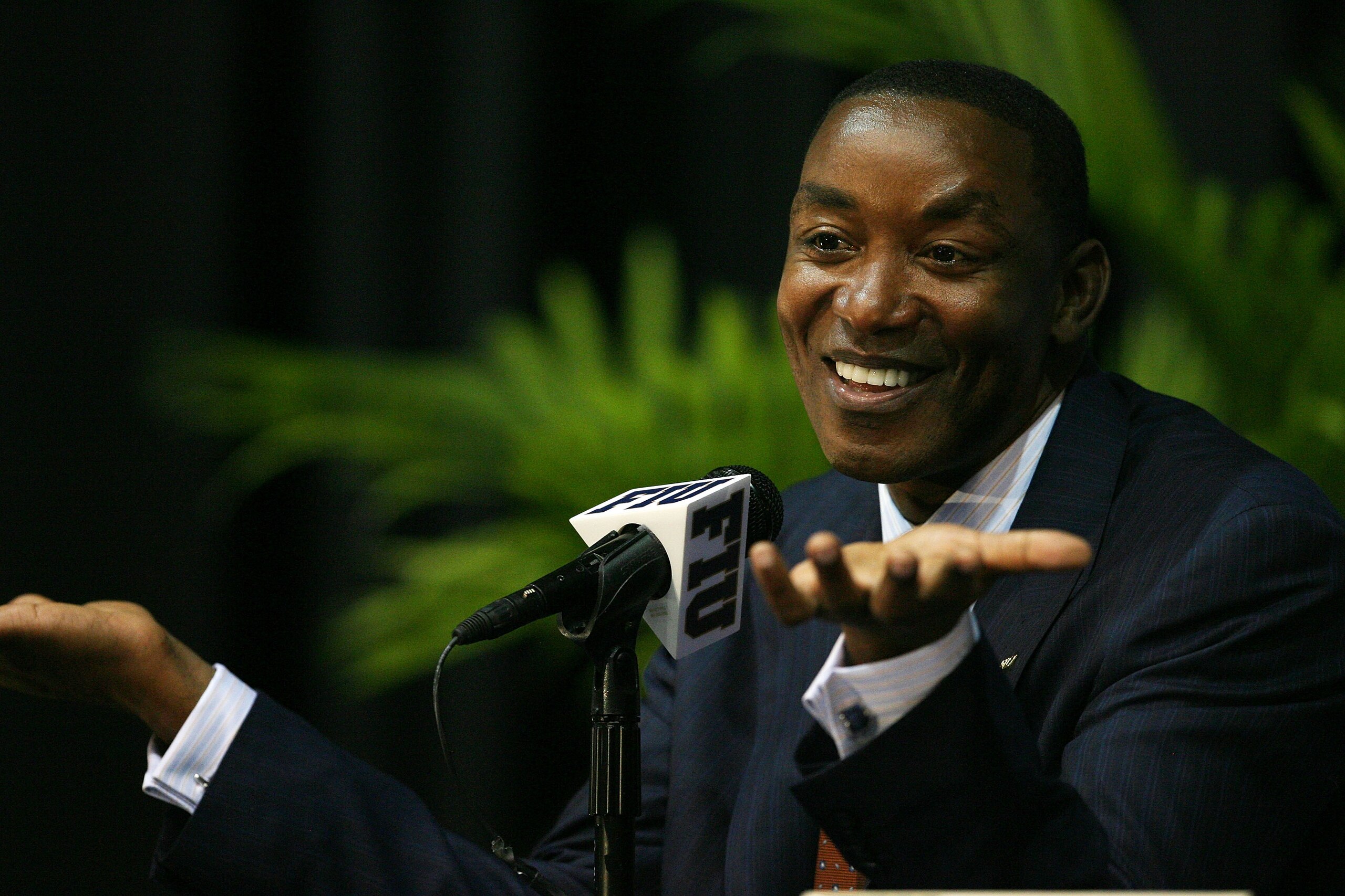 MIAMI - APRIL 15: Isiah Thomas talks to the media after Director of Athletics Pete Garcia introduced him as the new head coach for Florida International Univeristy men's basketball team at U.S.Century Bank Arena on April 15, 2009 in Miami, Florida. (Pho MIAMI - APRIL 15: Isiah Thomas talks to the media after Director of Athletics Pete Garcia introduced him as the new head coach for Florida International Univeristy men's basketball team at U.S.Century Bank Arena on April 15, 2009 in Miami, Florida. (Pho