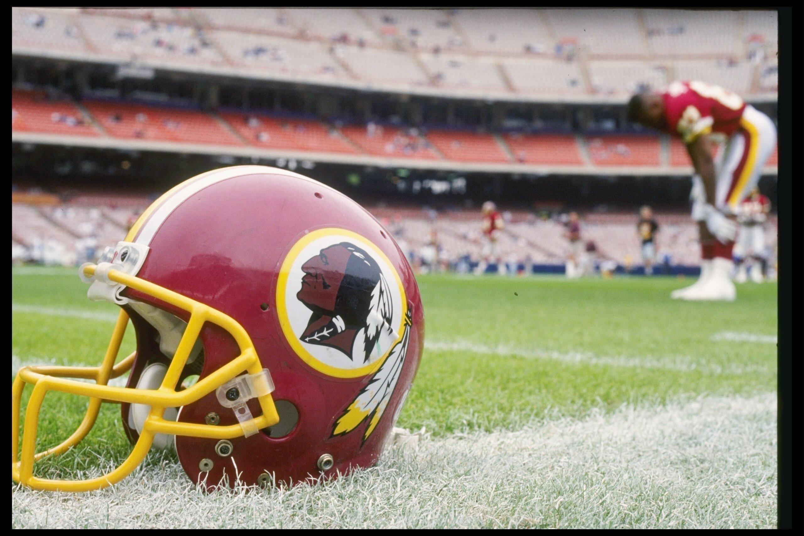 21 Nov 1993:  A Washington Redskins helmet lies on the field during a game against the Los Angeles Rams at Anaheim Stadium in Anaheim, California.  The Rams won the game, 10-6. Mandatory Credit: Al Bello  /Allsport