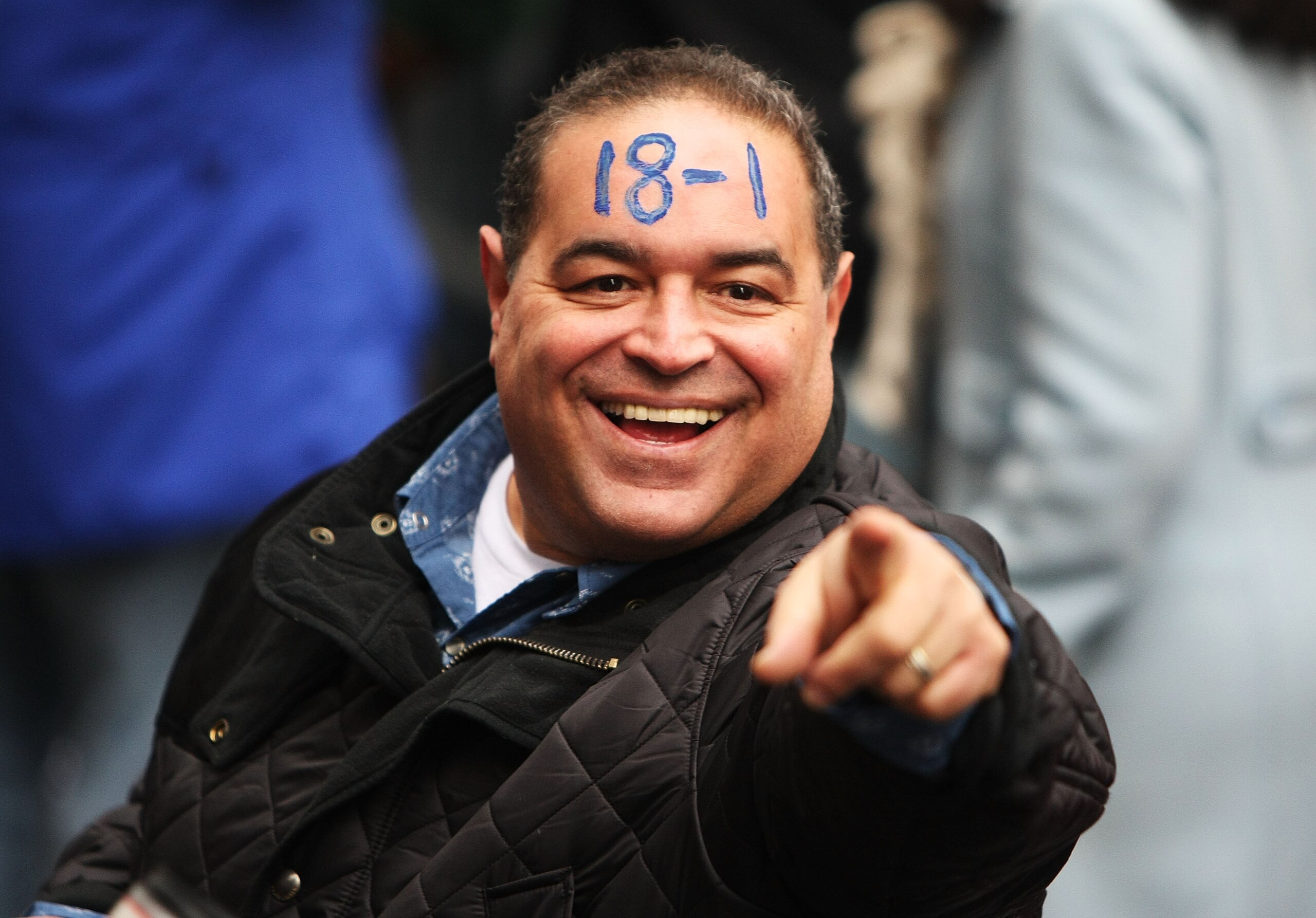 NEW YORK - FEBRUARY 05:  Joe Gannascoli who played Vito Spatafore from the Sopranos displays the New Englan Patriots record on his forehead along Broadway, also known as 'The Canyon of Heroes' during Super Bowl XLII victory parade in New York City.  (Phot