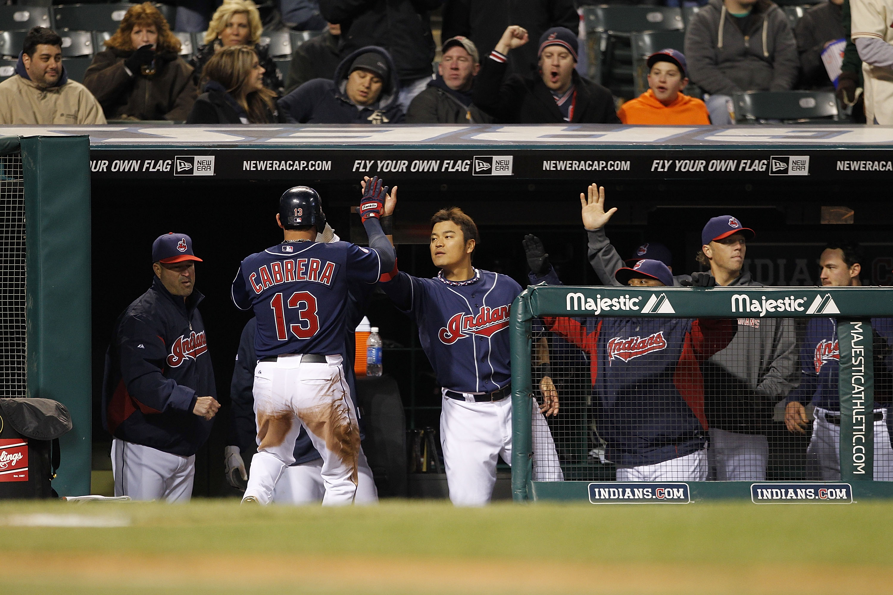 CLEVELAND - APRIL 05:  Asdrubal Cabrera #13 of the Cleveland Indians celebrates afer scoring during the fifth inning of the game against the Boston Red Sox at Progressive Field on April 5, 2011 in Cleveland, Ohio.  (Photo by Leon Halip/Getty Images)