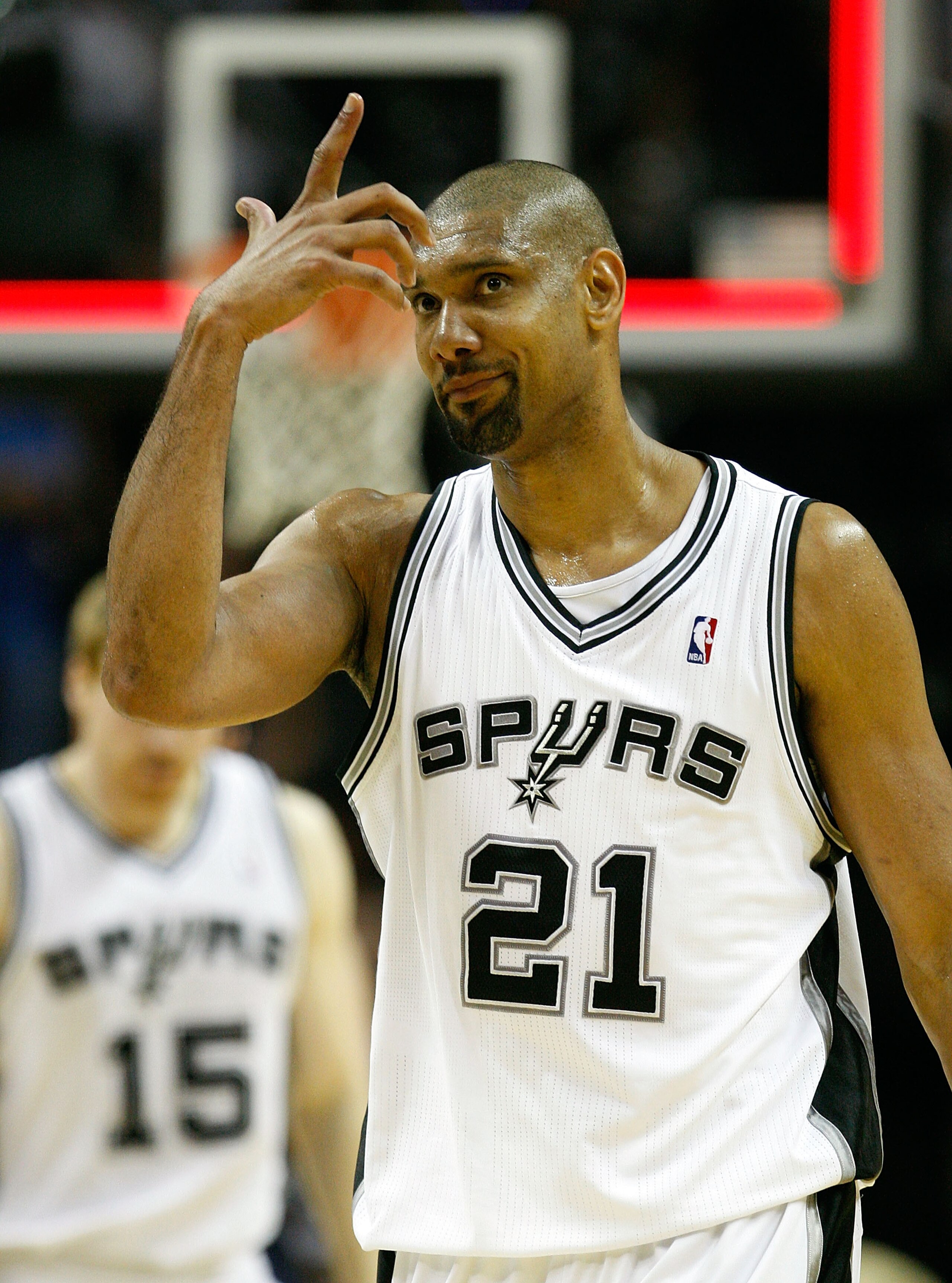 SAN ANTONIO, TX - APRIL 17: Forward Tim Duncan #21 of the San Antonio Spurs reacts against the Memphis Grizzlies in Game One of the Western Conference Quarterfinals in the 2011 NBA Playoffs on April 17, 2011 at AT&T Center in San Antonio, Texas. NOTE TO SAN ANTONIO, TX - APRIL 17: Forward Tim Duncan #21 of the San Antonio Spurs reacts against the Memphis Grizzlies in Game One of the Western Conference Quarterfinals in the 2011 NBA Playoffs on April 17, 2011 at AT&T Center in San Antonio, Texas. NOTE TO