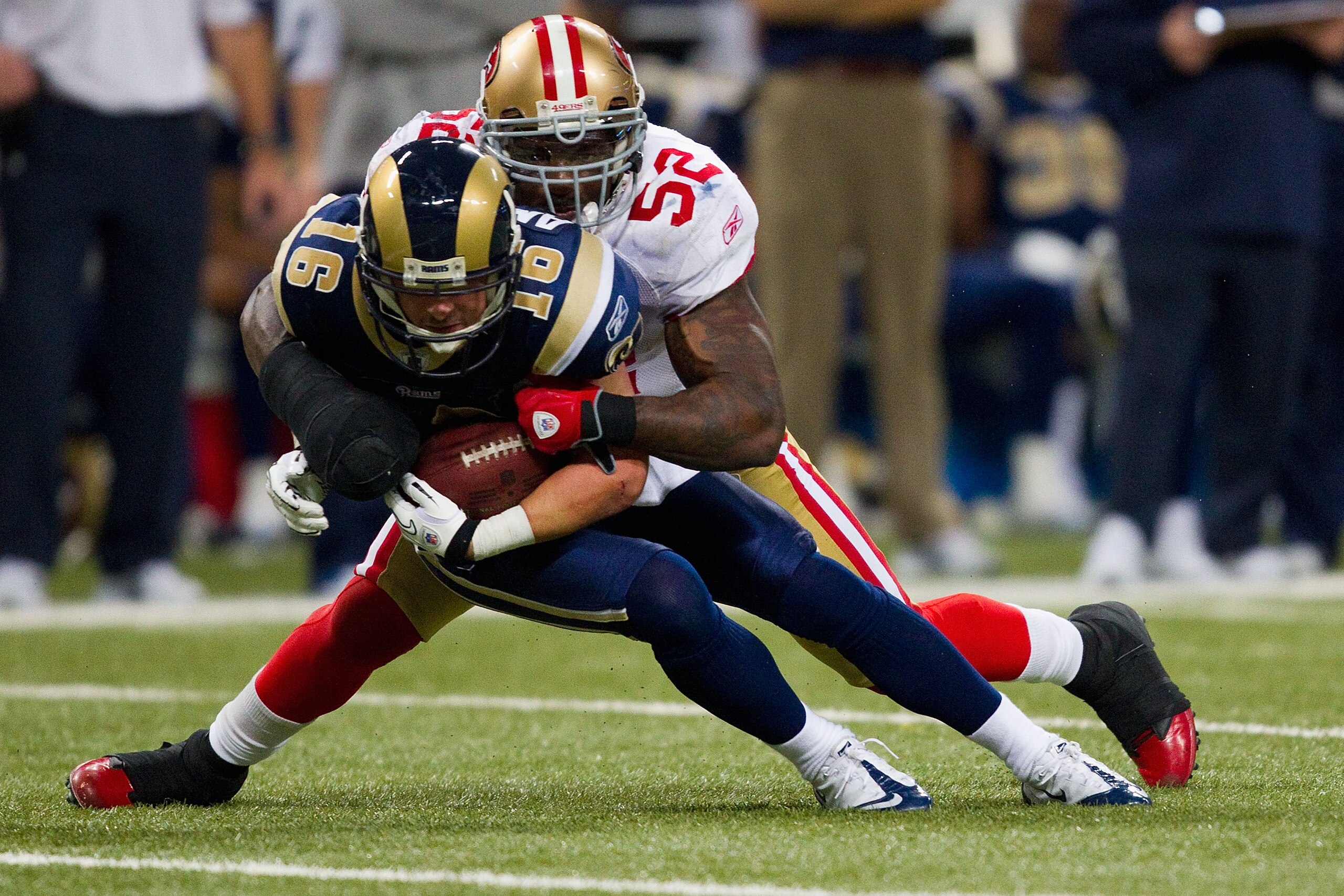 ST. LOUIS, MO - DECEMBER 26: Patrick Willis #52 of the San Francisco 49ers tackles Danny Amendola #16 of the St. Louis Rams at the Edward Jones Dome on December 26, 2010 in St. Louis, Missouri. The Rams beat the 49ers 25-17. (Photo by Dilip Vishwanat/Gett ST. LOUIS, MO - DECEMBER 26: Patrick Willis #52 of the San Francisco 49ers tackles Danny Amendola #16 of the St. Louis Rams at the Edward Jones Dome on December 26, 2010 in St. Louis, Missouri. The Rams beat the 49ers 25-17. (Photo by Dilip Vishwanat/Gett