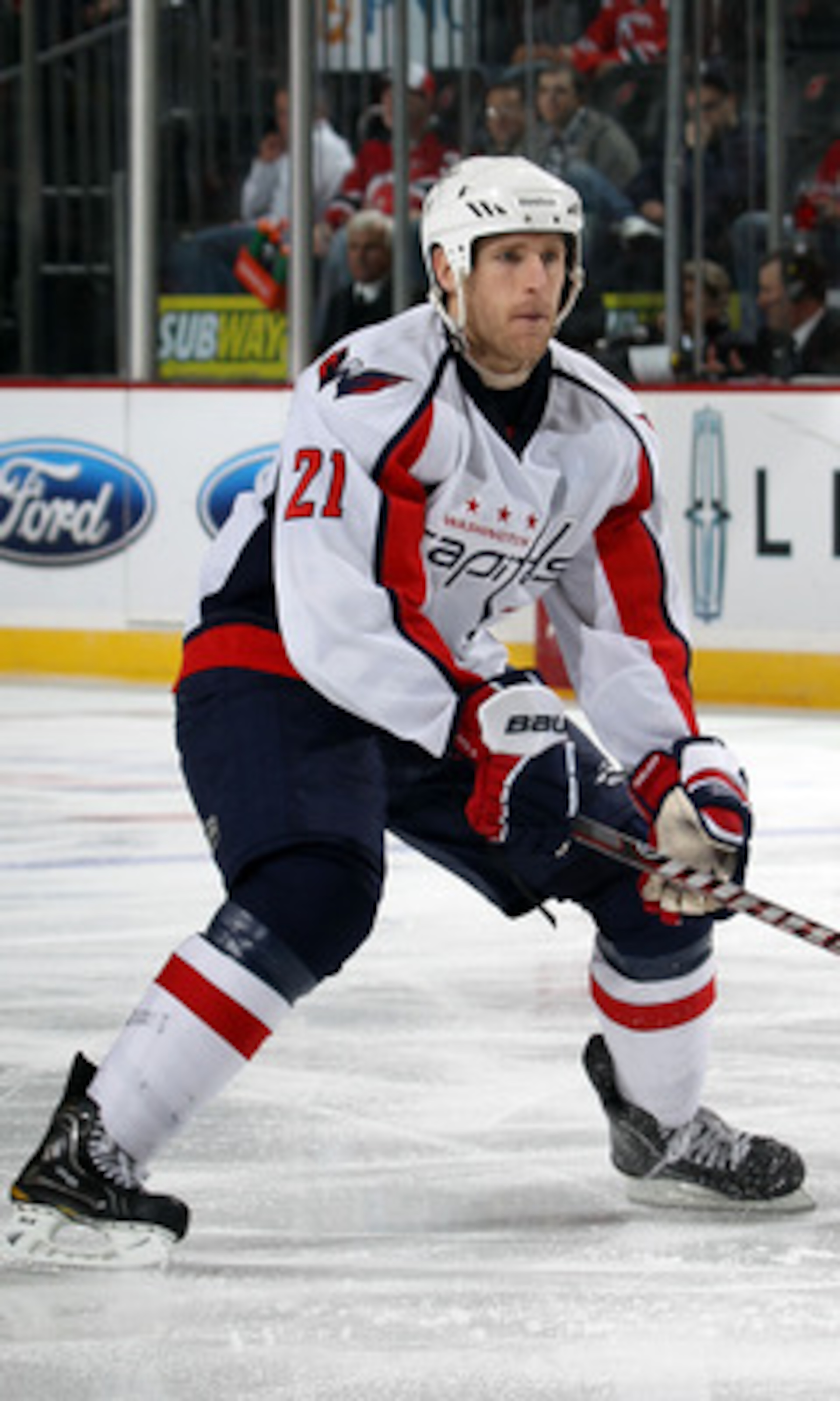 NEWARK, NJ - MARCH 18: Brooks Laich #21 of the Washington Capitals skates against the New Jersey Devils at the Prudential Center on March 18, 2011 in Newark, New Jersey. The Capitals shut out the Devils 3-0. (Photo by Bruce Bennett/Getty Images) NEWARK, NJ - MARCH 18: Brooks Laich #21 of the Washington Capitals skates against the New Jersey Devils at the Prudential Center on March 18, 2011 in Newark, New Jersey. The Capitals shut out the Devils 3-0. (Photo by Bruce Bennett/Getty Images)